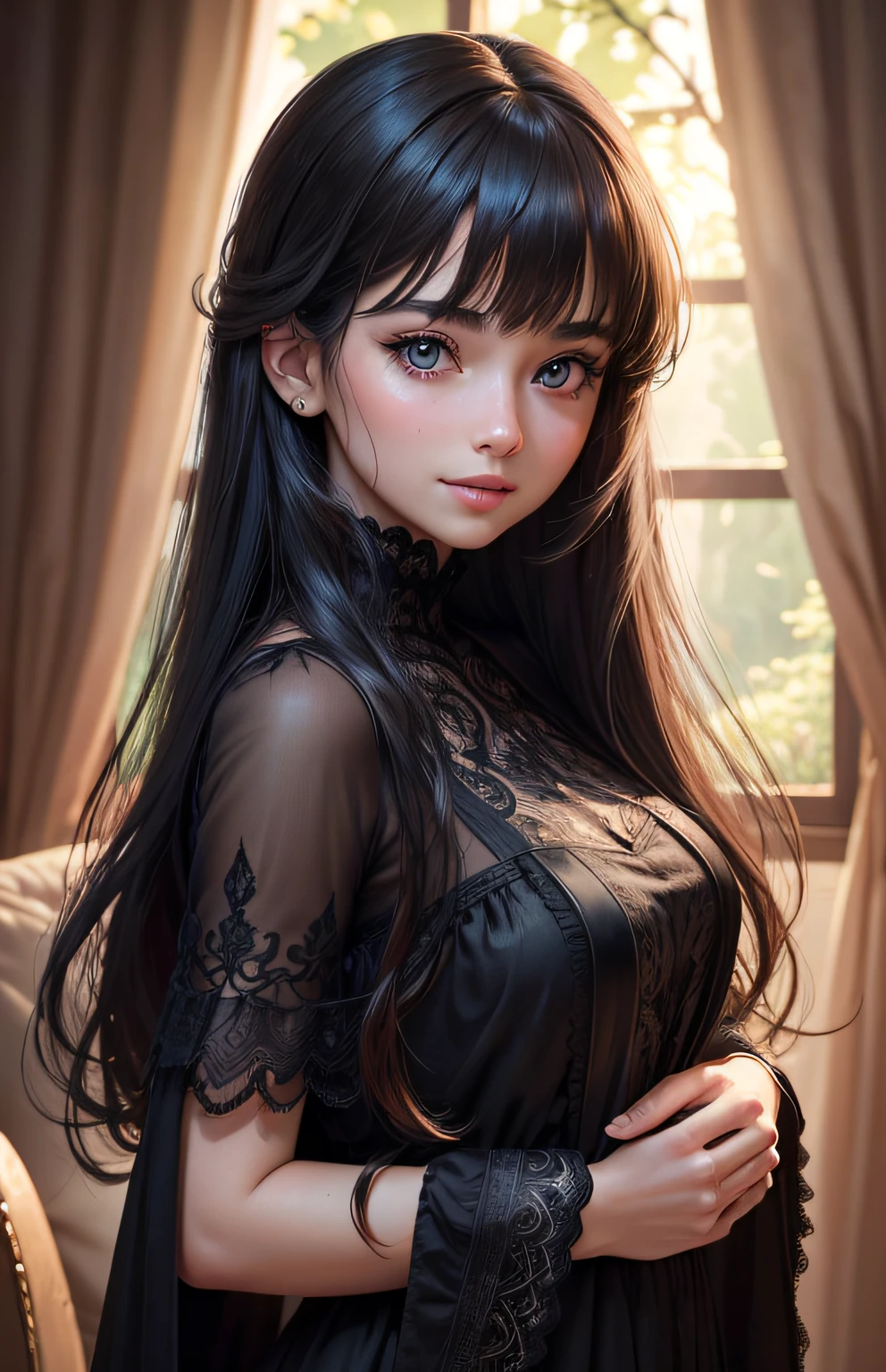 (Ultra Realistic), (Illustration), (High Resolution), (8K), (Very Detailed), (Best Illustration), (Beautiful and Detailed Eyes), (Best Quality), (Ultra Detailed), (Masterpiece), (Wallpaper), (Detailed Face), Solo, One Girl, Viewer, Fine Detail, Detailed Face, In the Dark, Deep Shadows, Low Key, pureerosfaceace_v1, Smile, Long Hair, black shawl straight hair, 46-point diagonal bangs, --auto
