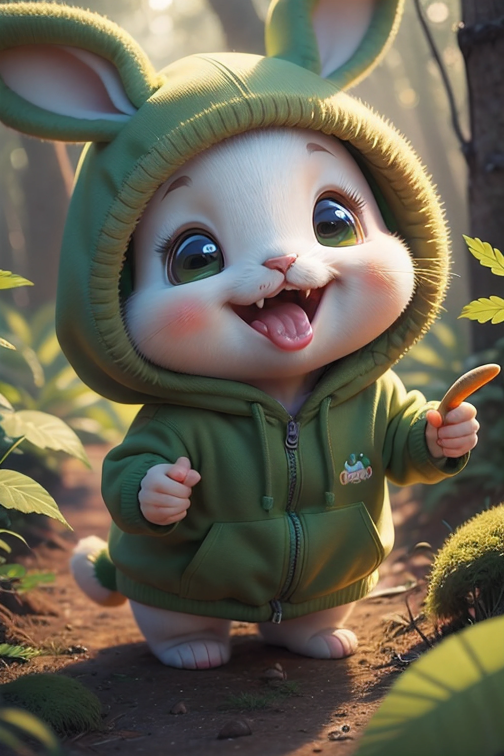 little cute milo bunny wearing a green hoodie mouth open about to bite a carrot, cartoon character, bright lighting, vivid colors, in the forest, disney and pixar style, tilted head showing curiosity,