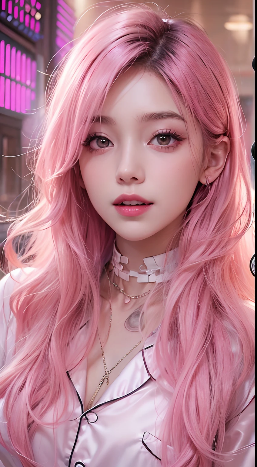 1girll,（Captivating quality：1.4），（True textured skins of the highest quality), Delicate face,Pink twin-tailed hair, Gradient Hair, （perfect bodies：1.1），Heart-shaped choker、long eyelasher,grin, hyperphotorealism, Cinematic lighting, projected inset, surrealism, hyper HD, masutepiece，Dream On，Please wear clear silk pajamas,Carmelto，tattooed，Fantasy space，Luxurious space