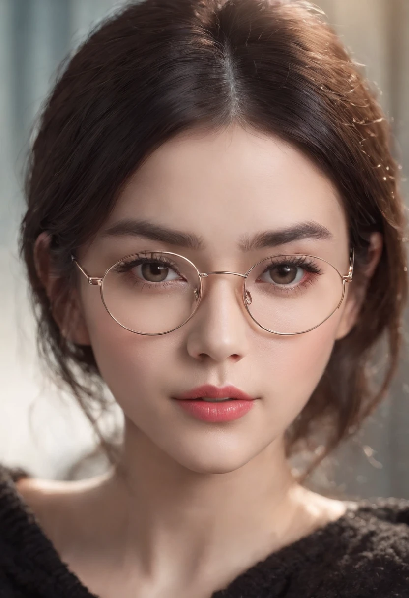1 woman, embarrassed, black hair, glasses, wolf cut hair, ultra high res, masterpiece, best quality, very detailed face, detailed eyes, extremely intricate, perfect glossy shiny skins, perfect lighting, detailed lighting, dramatic shadows, ray tracing, 1girl,upper body, black sweater, looking at viewer, portrait, beautiful, gorgeous face, masterpiece, vibrant colors, alluring small rounded eyes glossy pink lips, cinema, cinematic angles, Dramatic, Cinematic Light
