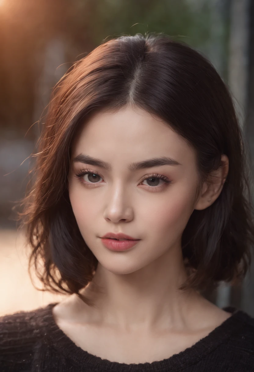1 woman, embarrassed, black hair, glasses, wolf cut hair, ultra high res, masterpiece, best quality, very detailed face, detailed eyes, extremely intricate, perfect glossy shiny skins, perfect lighting, detailed lighting, dramatic shadows, ray tracing, 1girl,upper body, black sweater, looking at viewer, portrait, beautiful, gorgeous face, masterpiece, vibrant colors, alluring small rounded eyes glossy pink lips, cinema, cinematic angles, Dramatic, Cinematic Light
