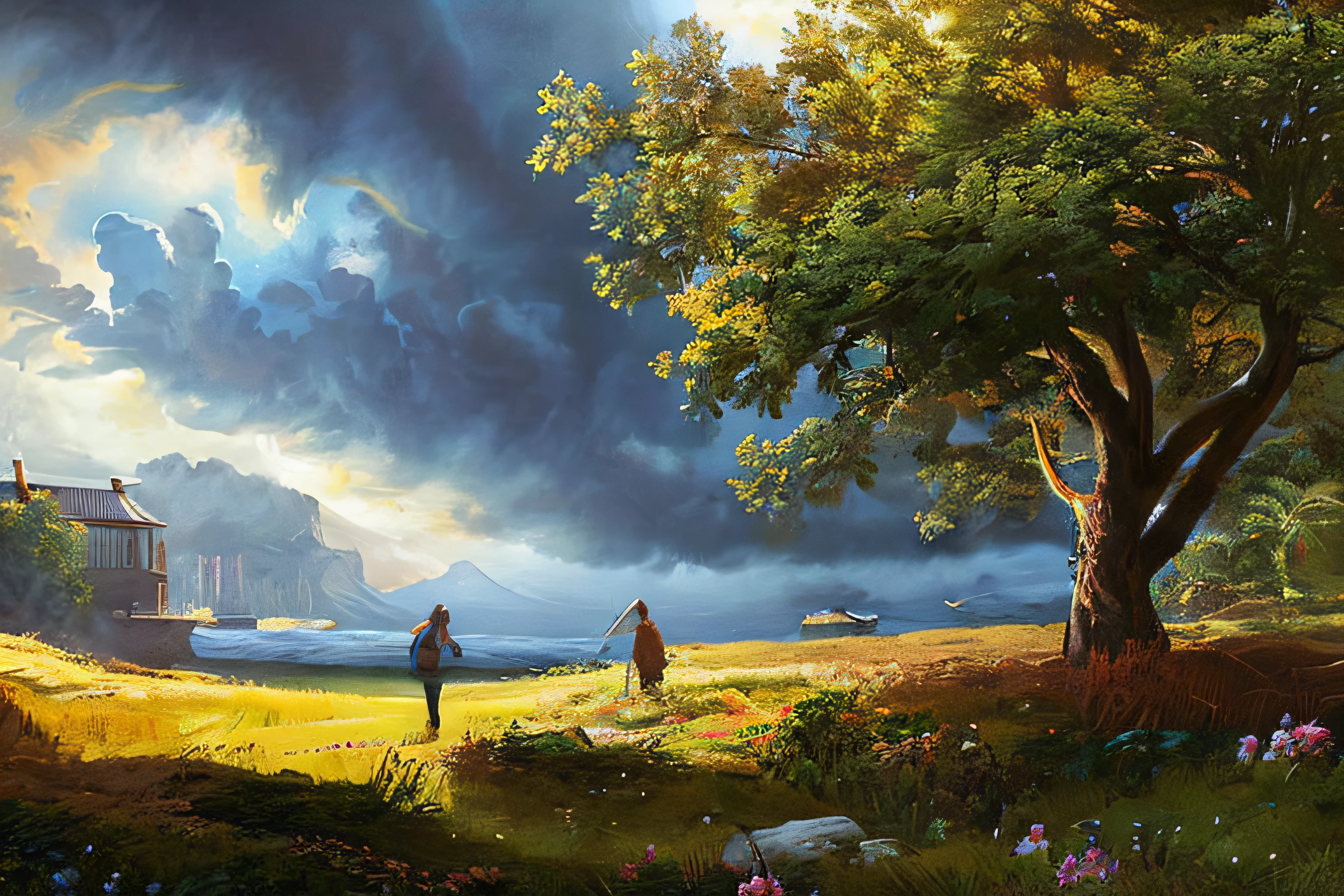scene of a clouds, 3 people, bustling mitology, great big storm, sunlight, glow, afternoon, scenery concept art, overgrowth. by Renoir , relaxing concept art, traditional classic concept art, a beautiful artwork illustration. high detail, background art, detailed concept art, environment design illustration, concept art highly detailed