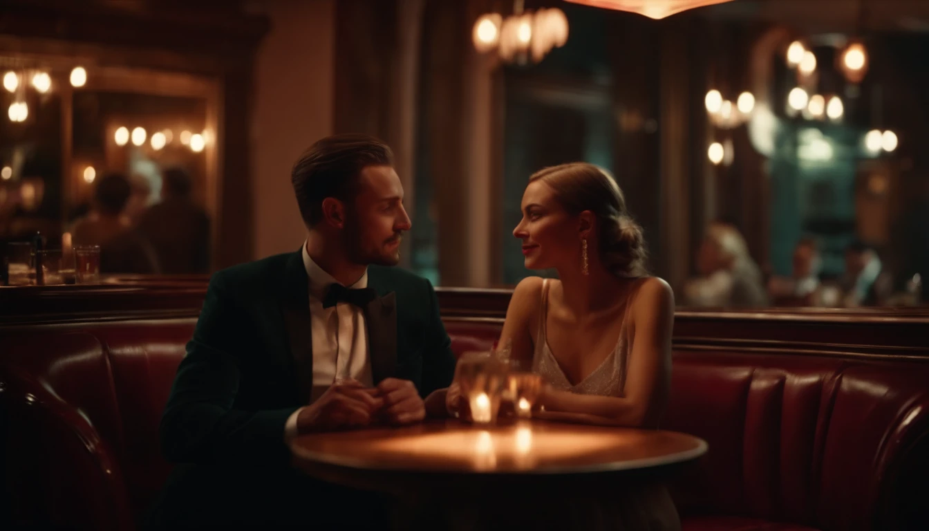a couple at a table in classic vintage restaurant very elegant jazz style 8k cinematic neon lights in the background