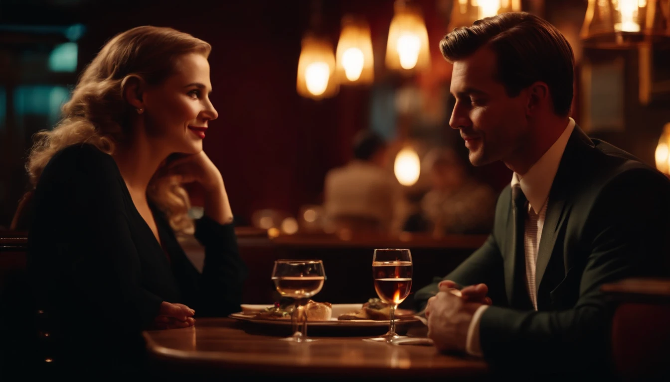 a couple at a table in classic vintage restaurant very elegant jazz style 8k cinematic neon lights in the background