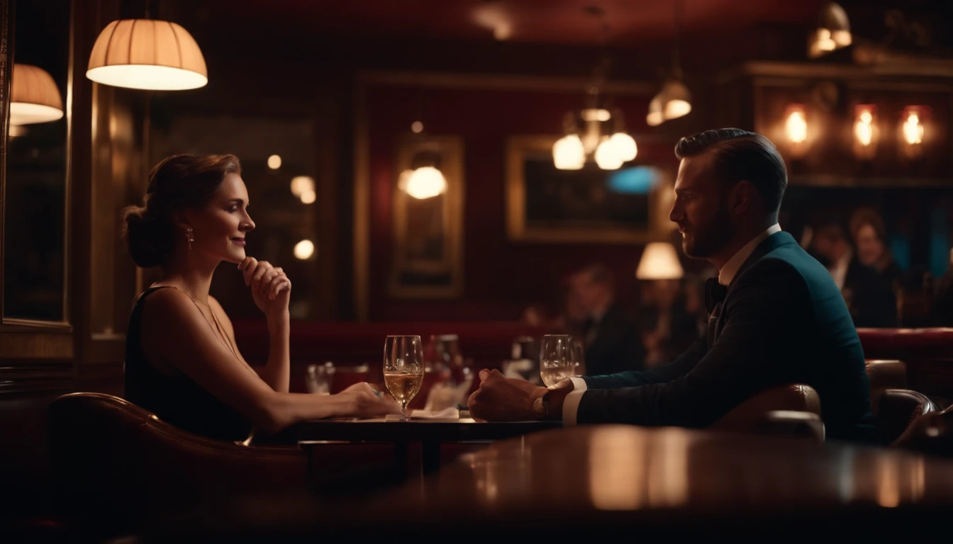 a couple at a table in classic vintage restaurant very elegant jazz style 8k cinematic neon lights in the background