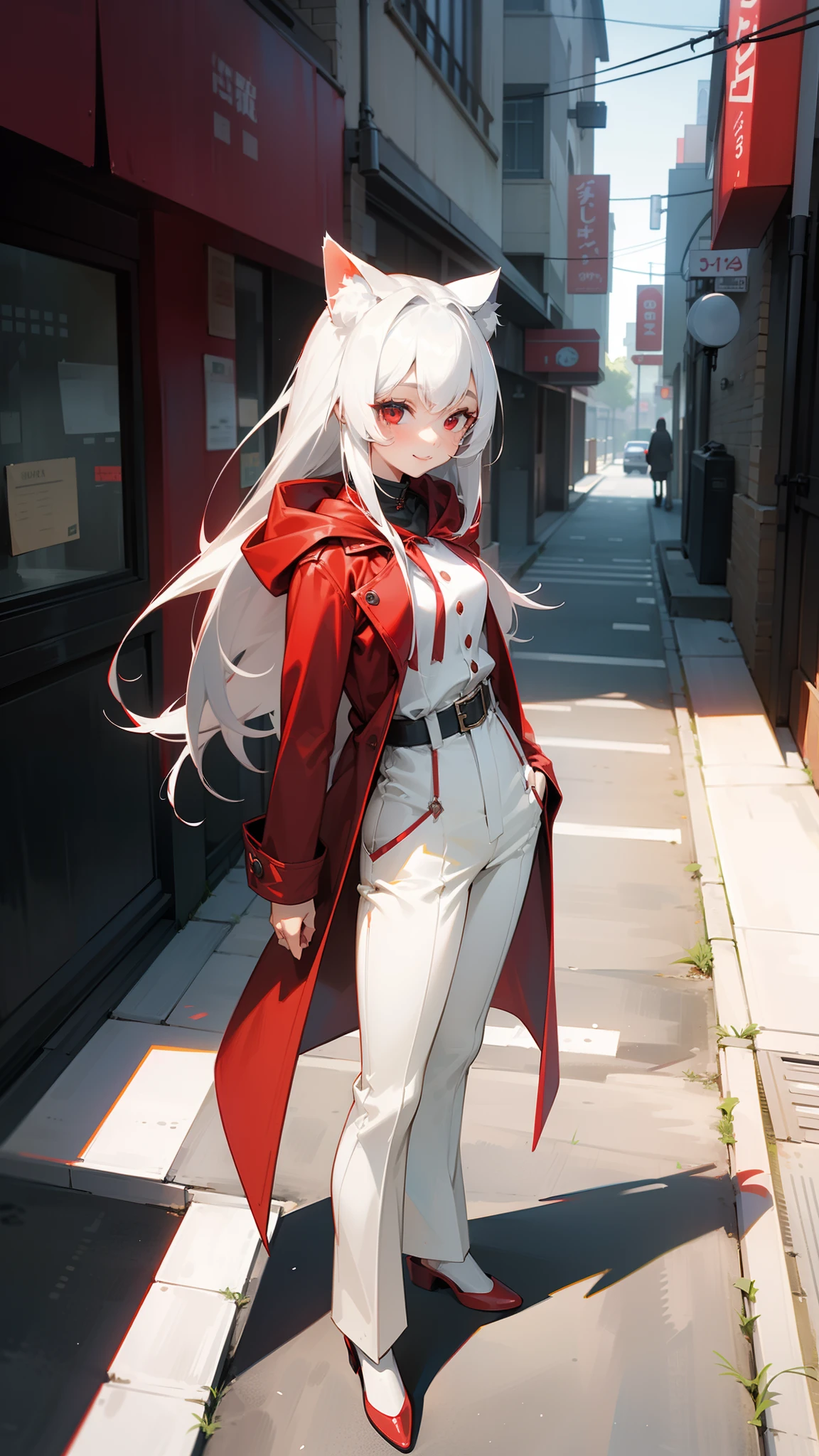 1girl,20s,small size,neutral face,red overcoat with hooded,(red shirt),white pants,medium tits,white hair,long hair,red eyes,cat ears,((standing in a street in suburbs)),full body,smile