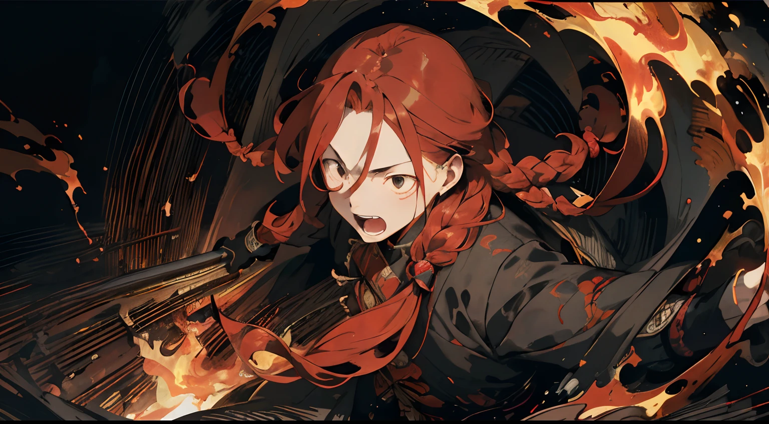 layered textures, Determined, Single Color, Calotype, Deeply Thoughtful slim Yuan Dynasty Young Man, Long Red hair styled as Side-swept braids, Offset print, Abstract Art, Oversaturated, Black Coat,Solemn, Yelling, Surrounded by Fire, Fire everywhere, Teenager