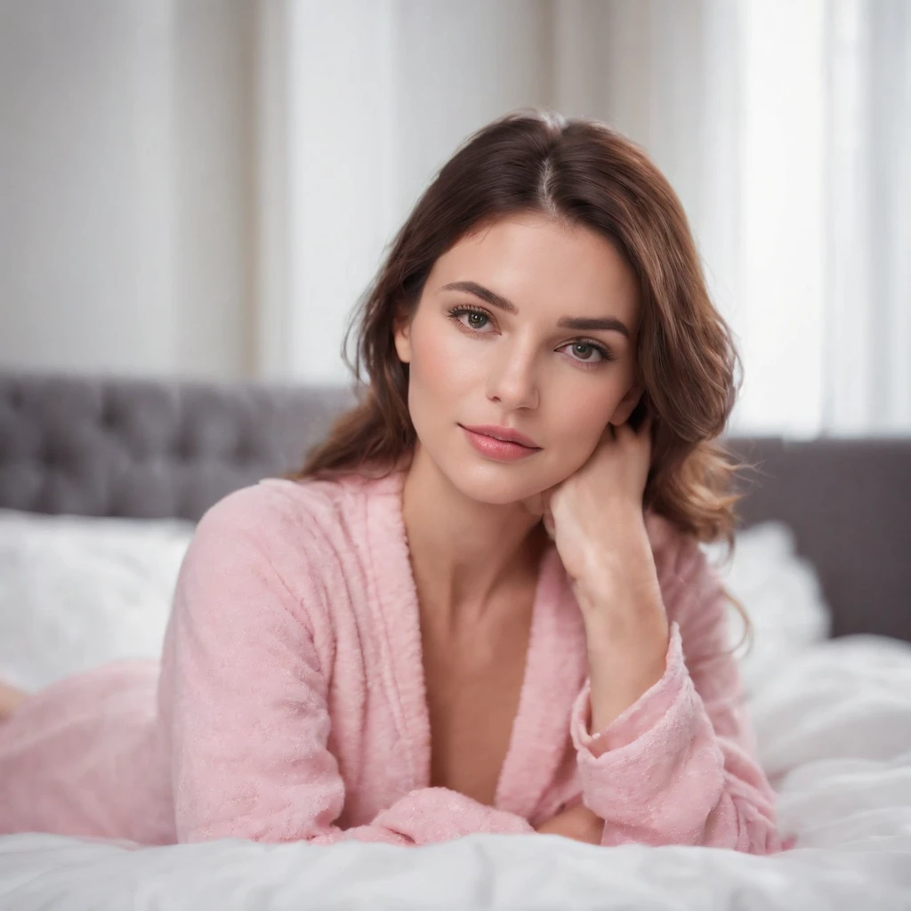 Young woman in pink sleepwear lying on bed