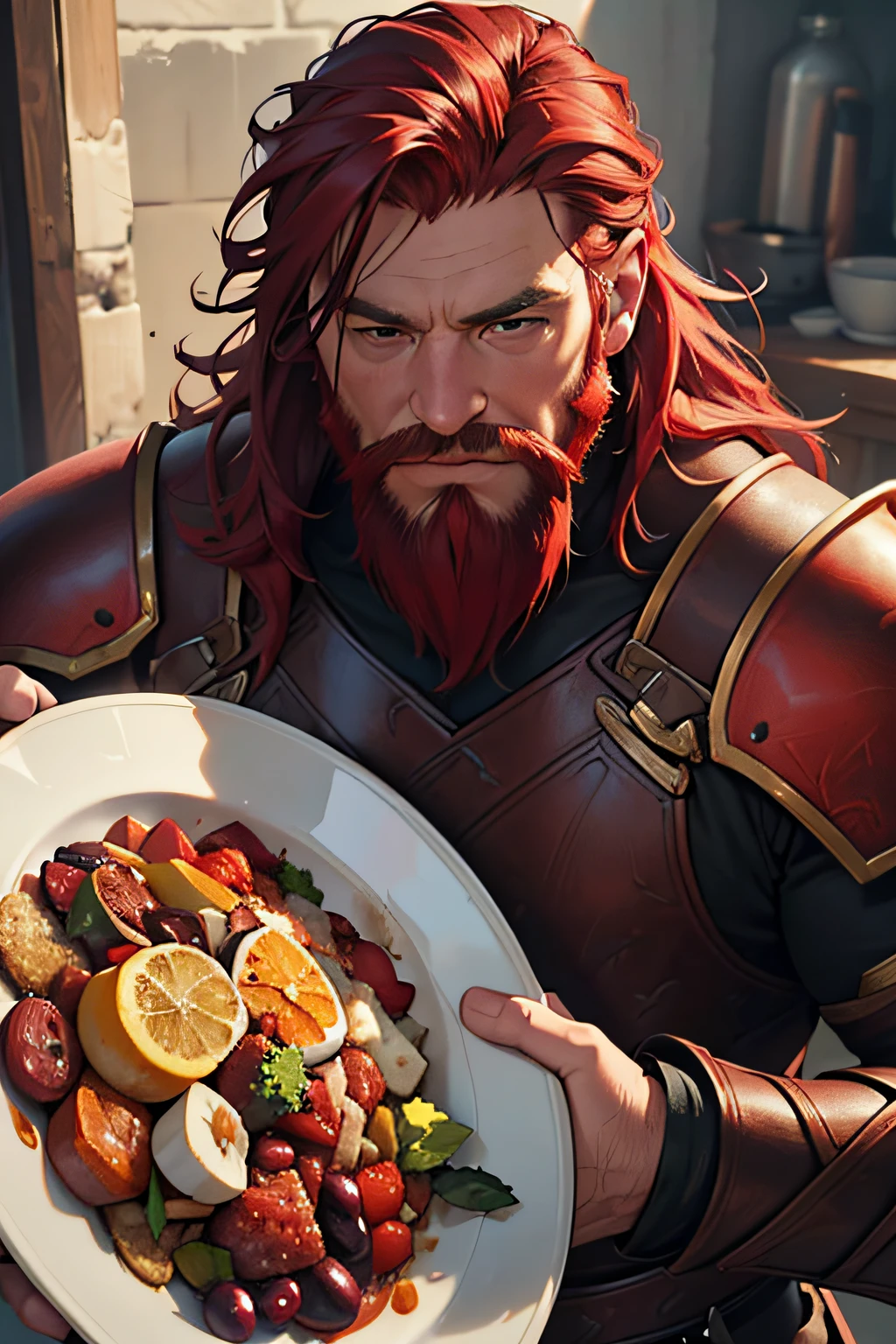 (best quality,4k,8k,highres,masterpiece:1.2),ultra-detailed,(realistic,photorealistic,photo-realistic:1.37),middle-aged man,red-haired man,bearded man,man with long red beard and sideburns,wearing burgundy plate armor, color pallete: Red