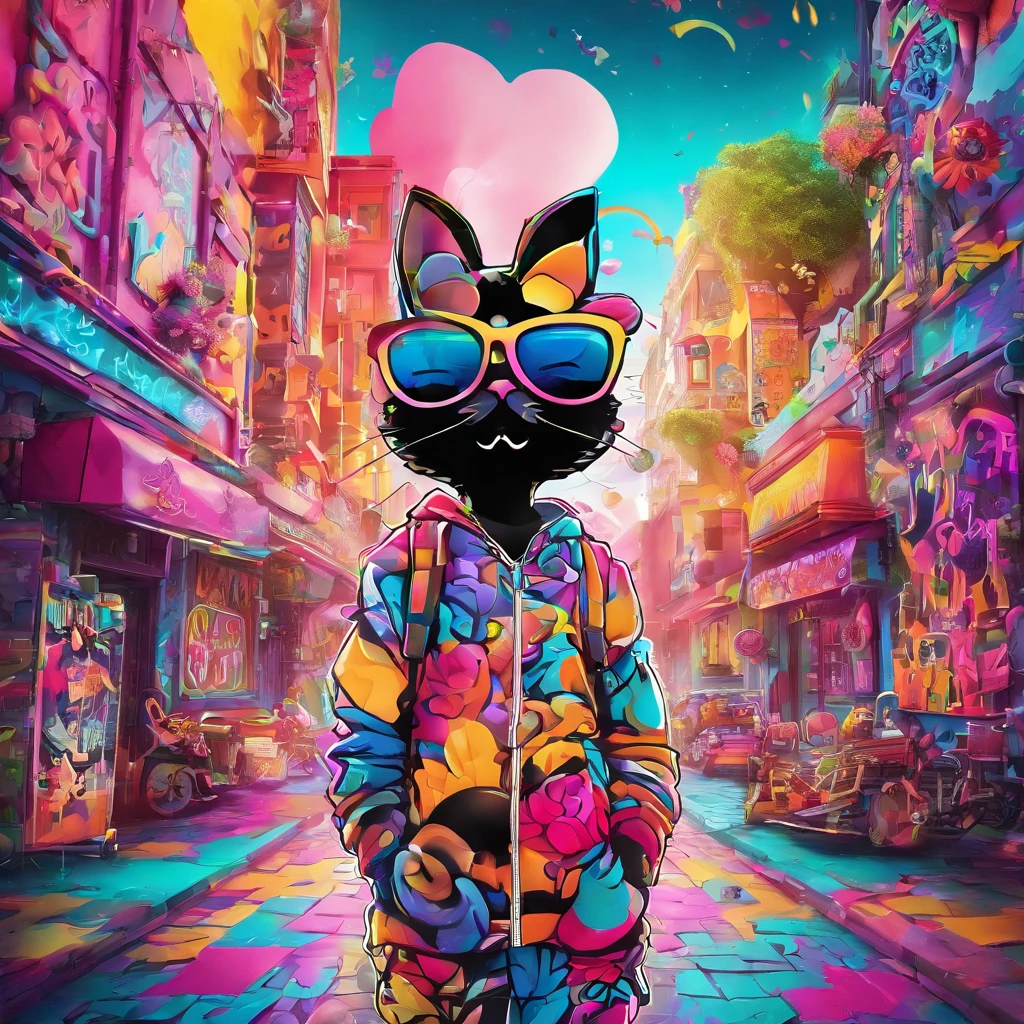 In a whimsical kawaii cafe, Kitten Fluffy, crafted from highly detailed curling, thin glowing multi-colored smoke, dons a rose flower hoodie and fancy funny stylish giant shiny sunglasses. Against a backdrop of vibrant neon typography spelling VIKUSIA, FAINOHO DNIA, capture its enchantment in a digital art masterpiece. Incorporate volumetric 3D rendering, Octane render, and vibrant graffiti elements to create a fantasy illustration that showcases its fashion-forward style. Make it pop with a poster-worthy 3D render that embraces the essence of this captivating character ((stunningly tantalizing view)). 3D, highly detailed, sharp focus, 8K, ultra quality, UHD, crystal clear, bokeh. Black magic Pocket Cinema Camera 6K Pro with Sigma 18-35mm f/1.8 DC HSM Art lens Canon EOS 5D Mark IV camera with a Canon EF 24-70mm f/2.8L II USM lens --ar 9:16 --v 5.2 --s 750, architecture, vibrant, wildlife photography, portrait photography, fashion, cinematic, typography, 3d render, poster, photo