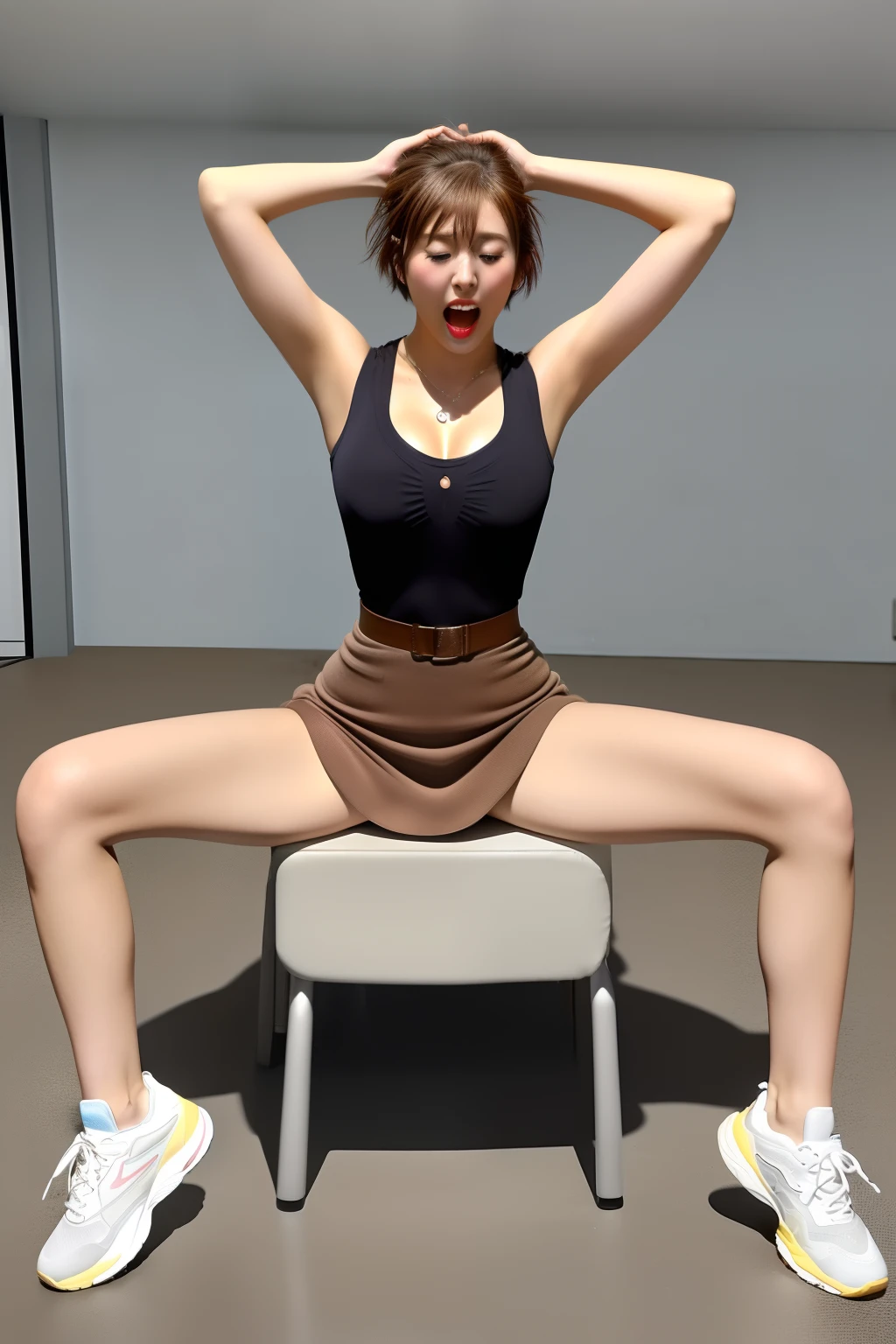 16k, (with chest:1.2), arms above head, (((open legs)), masterpiece, ultra miniskirt, ((wearing)), college Japan woman, wide waist, ((open legs)), (open mouth languidly), (open eyes wide), sweaty and shiny skin, brown hair, disheveled short hair, watch viewer , full body, perfect body