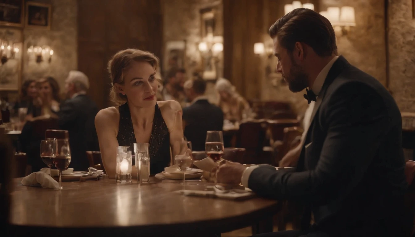 a couple at a table in classic vintage restaurant very elegant jazz style 8k cinematic neon lights in the background