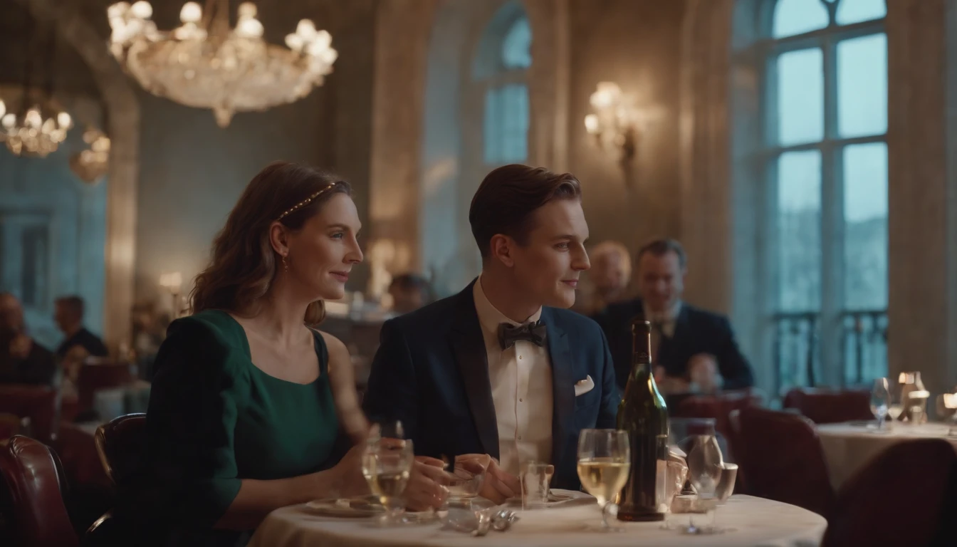 a couple at a table in classic vintage restaurant very elegant jazz style 8k cinematic neon lights in the background