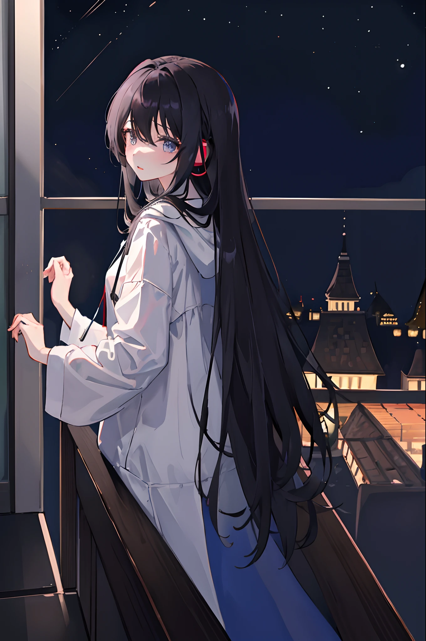 (masuter piece、side lights、ultra-detailliert、inely detailed beautiful eyes: 1.2)、1girl in、bags、buliding、From Side、headphones、hoods、Hood down、hooded jacket、parka、jaket、long、Black hair、profile、A dark-haired、独奏、Train、inside of a car、The upper part of the body、masterpiece、top-quality、natta、nighttime scene、Moon Night