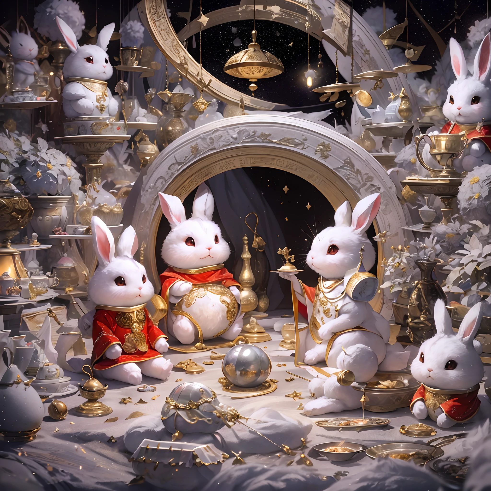 Little white rabbits on the moon,Moon environment,Studio lighting,furry bunny,The forehead is decorated with precious stones,Silver pen drawings,Clear lines,Global close-up,first person perspective,The rabbits prepare for the blessing,desks,ingredient,Chinese elements,Festive atmosphere,Golden-red,Dramatic lighting,Granular film,Ray traching,
