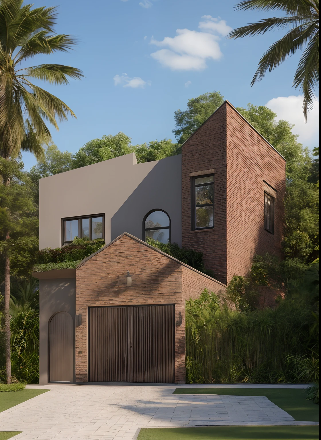 RAW photo,Masterpiece, high quality, best quality, realistic, super detailed,
(exterior: 1.1), modern garden house, material between (brick:1.1) and Terracotta wall, arched door wooden , empty cell wall, beautiful landscape design, wide road in front of the house, (tropical trees), blue sky, soft daylight lightweight,
(high detail: 1.2) ), 8k uhd, high quality