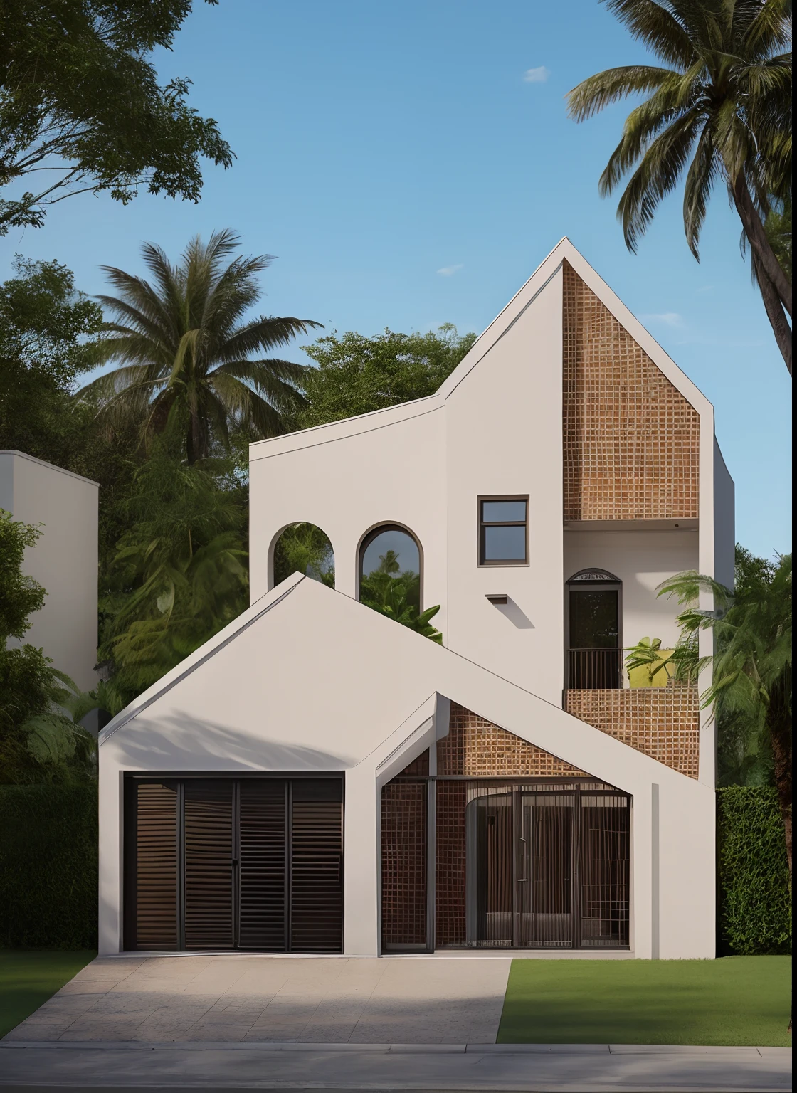 RAW photo,Masterpiece, high quality, best quality, realistic, super detailed,
(exterior: 1.1), modern garden house, material between (brick:1.1) and Terracotta wall, arched door wooden , empty cell wall, beautiful landscape design, wide road in front of the house, (tropical trees), blue sky, soft daylight lightweight,
(high detail: 1.2) ), 8k uhd, high quality