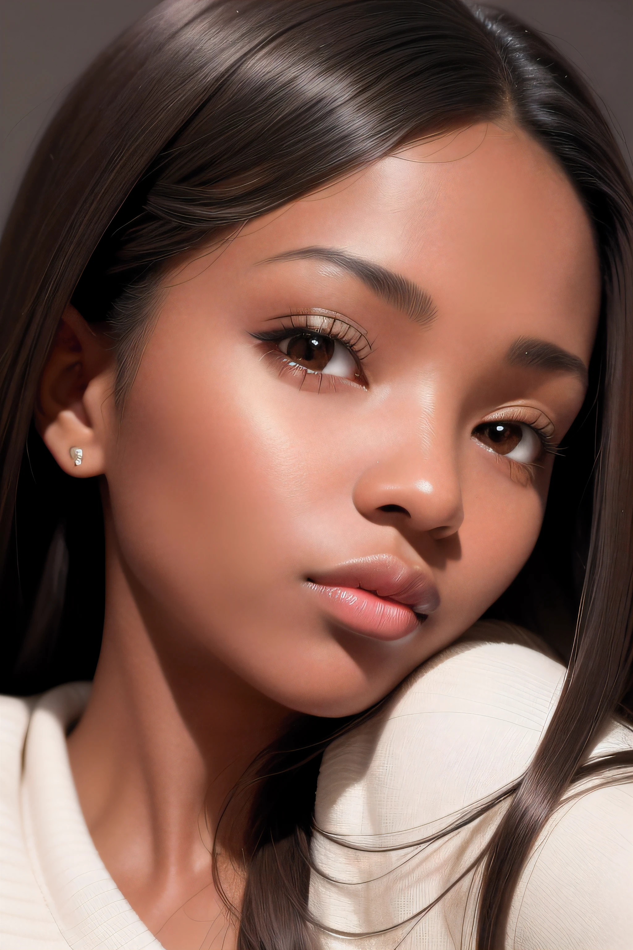 best quality, masterpiece, (realistic:1.2), 1 dark cocoa brown skin black girl, long black hair side part, brown eyes, Front facing camera, detailed face, soft lighting, detailed hair and lighting, beautiful eyes, two toned lips