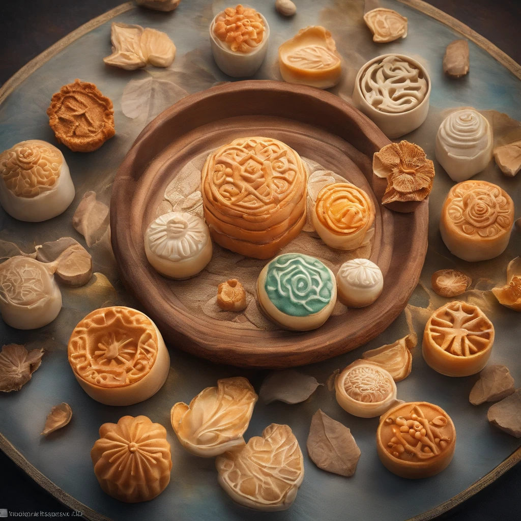 A plate of mooncakes on a round paper tube, craters,meteorite,There is a crater on the mooncake,Mooncake, Sternacht, Thick fog on the ground, Blue light on the horizon, Unreal Engine 5, cinematic ligh, low angle photography, Motion blur, Depth of field,, ultra - detailed, Beautiful, insanely details, intricately details, Edit photography, shot with a 50mm lens, Depth of field, Tilt Blur, Shutter Speed 1/1000, f/22. Lightmaps, Super hell