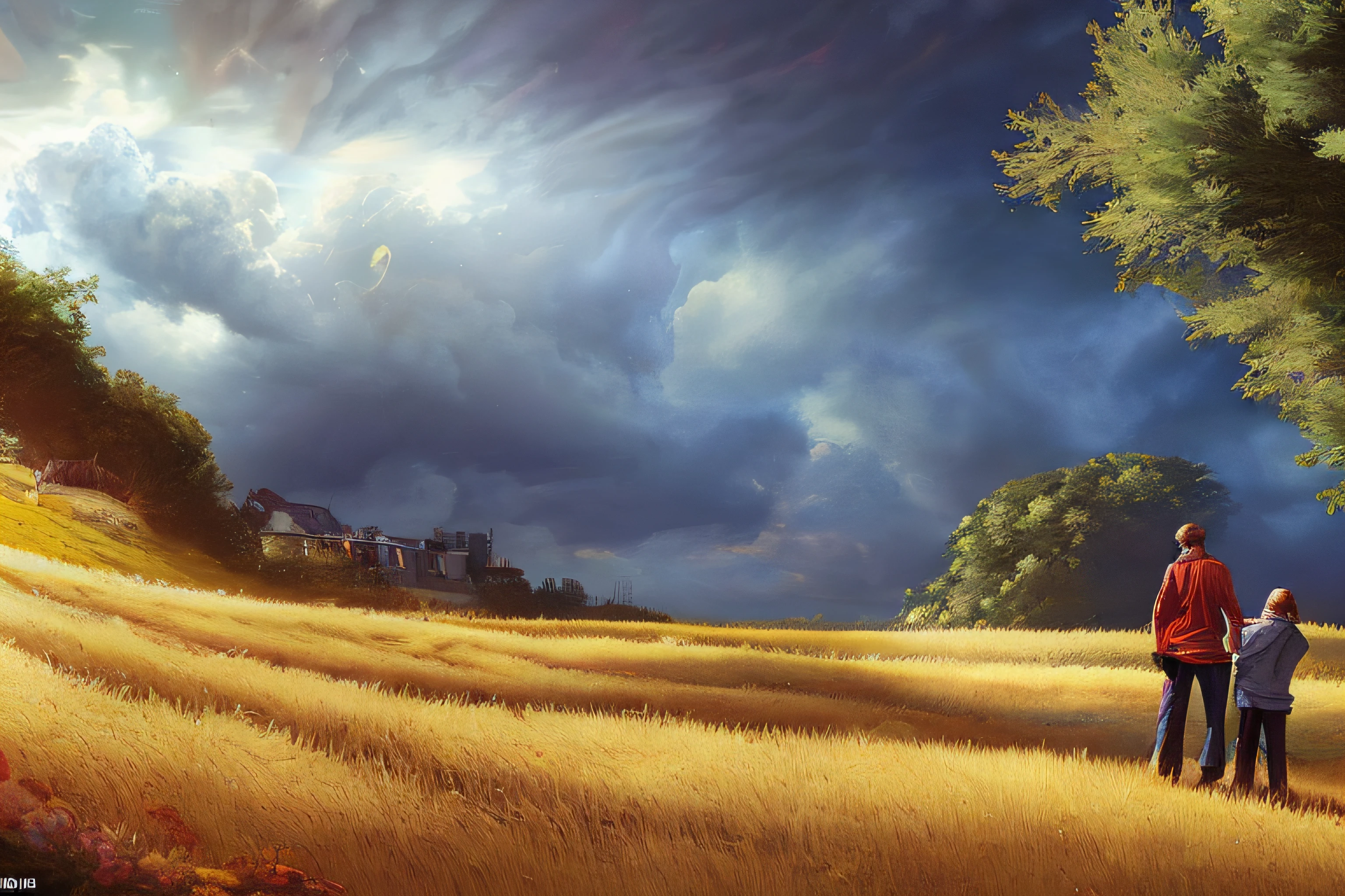 scene of a clouds, 3 people, bustling sky, great big storm, sunlight, glow, afternoon, scenery concept art, overgrowth. by Renoir , relaxing concept art, traditional classic concept art, a beautiful artwork illustration. high detail, background art, detailed concept art, environment design illustration, concept art highly detailed