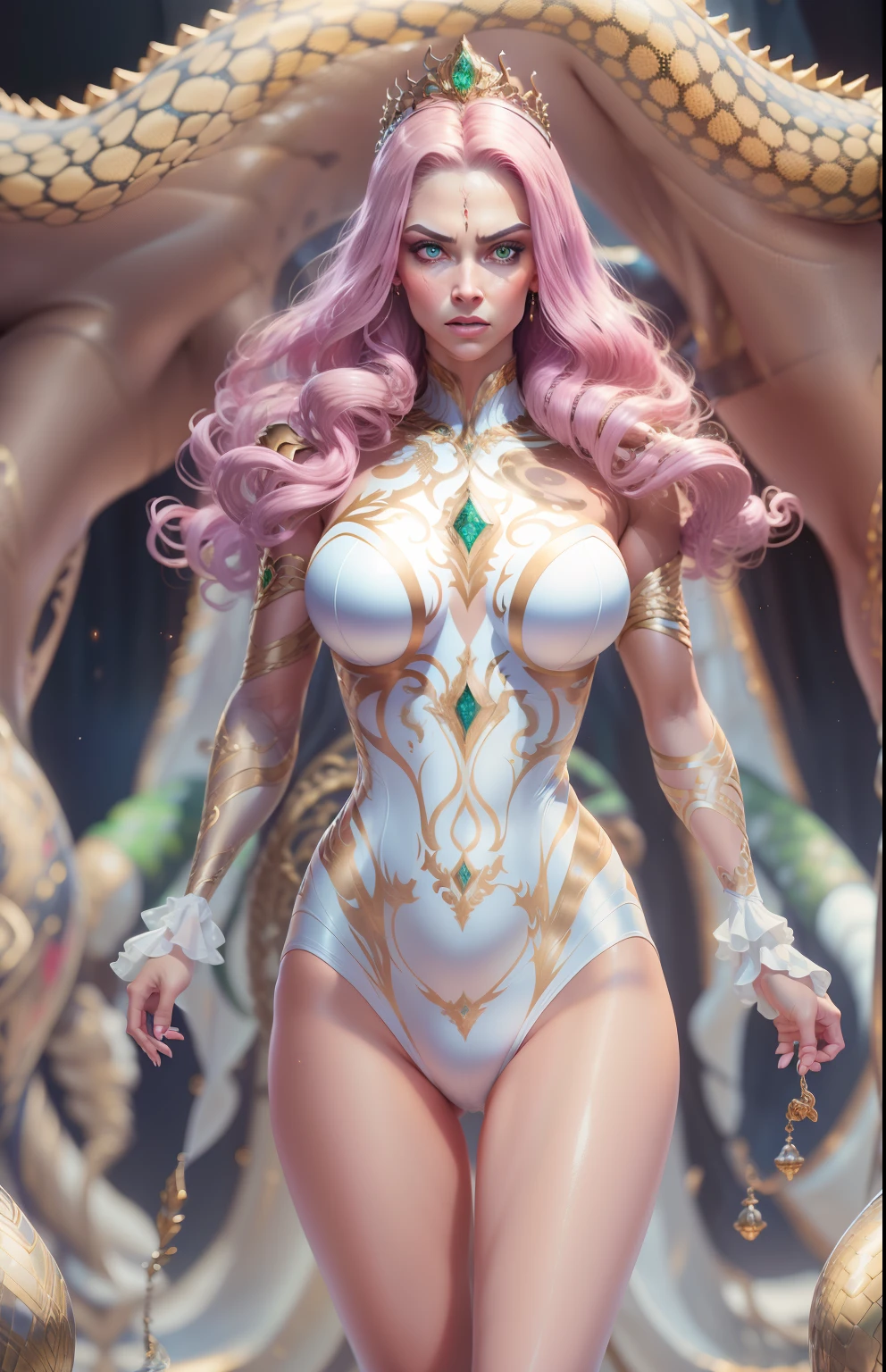 Full body like，((best quality)), ((masterpiece)), ((realistic)), Medusa，full bodyesbian，The hair is made up of countless small snakes, Green eyes，Female face, Carved top in metal, Kingly momentum，Trends on Artstation, Clear focus, studio photo, Complicated details, The is very detailed, Detailed eyes, illustratio, The is very detailed, Clear focus, a digital rendering, professinal, 4k，(RAW photo:1.2)，camel-toe，Hollow-out on，sweat leggs，White liquid， Smooth pink skin, shiny metallic glossy skin, Shiny，spread their legs，M-shaped legs，angry look，sullenness，Irritated，white liquid all over body，Full body like