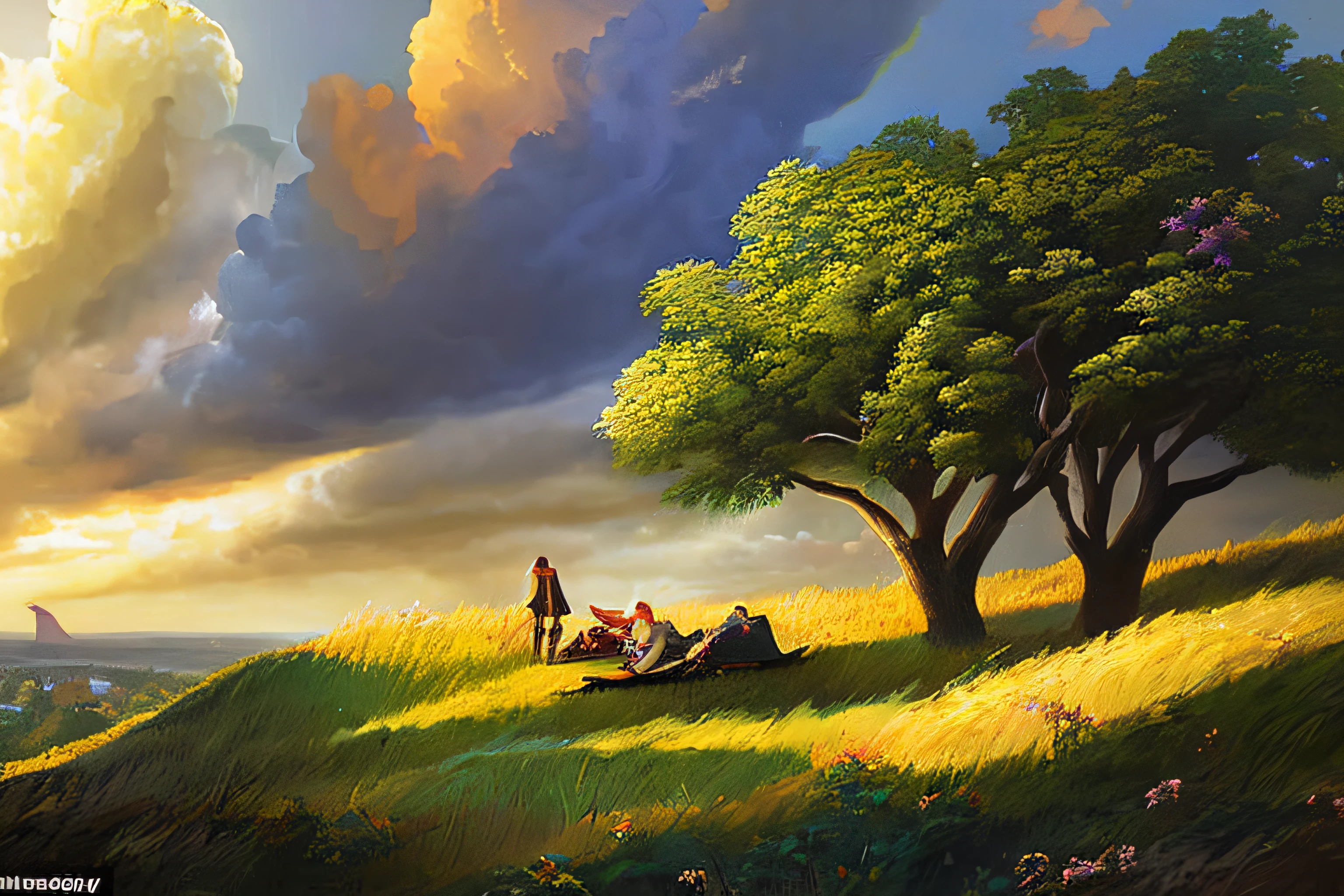 scene of a clouds, 3 people, bustling sky, great big storm, sunlight, glow, afternoon, scenery concept art, overgrowth. by Renoir , relaxing concept art, traditional classic concept art, a beautiful artwork illustration. high detail, background art, detailed concept art, environment design illustration, concept art highly detailed