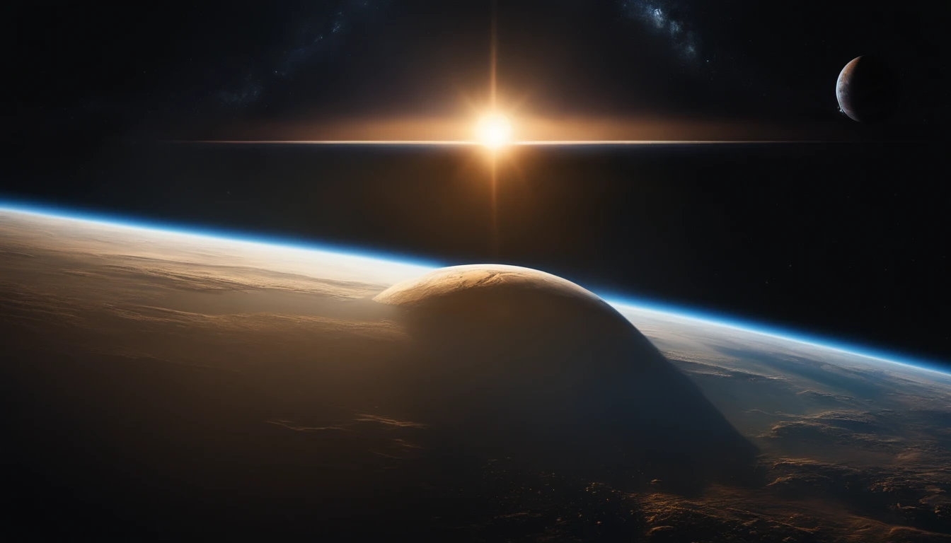 Earthscape seen from space, You can see the planet Jupiter in the distance, 16K Renderi Ultra Realistic Photos. Cinematography Lighting