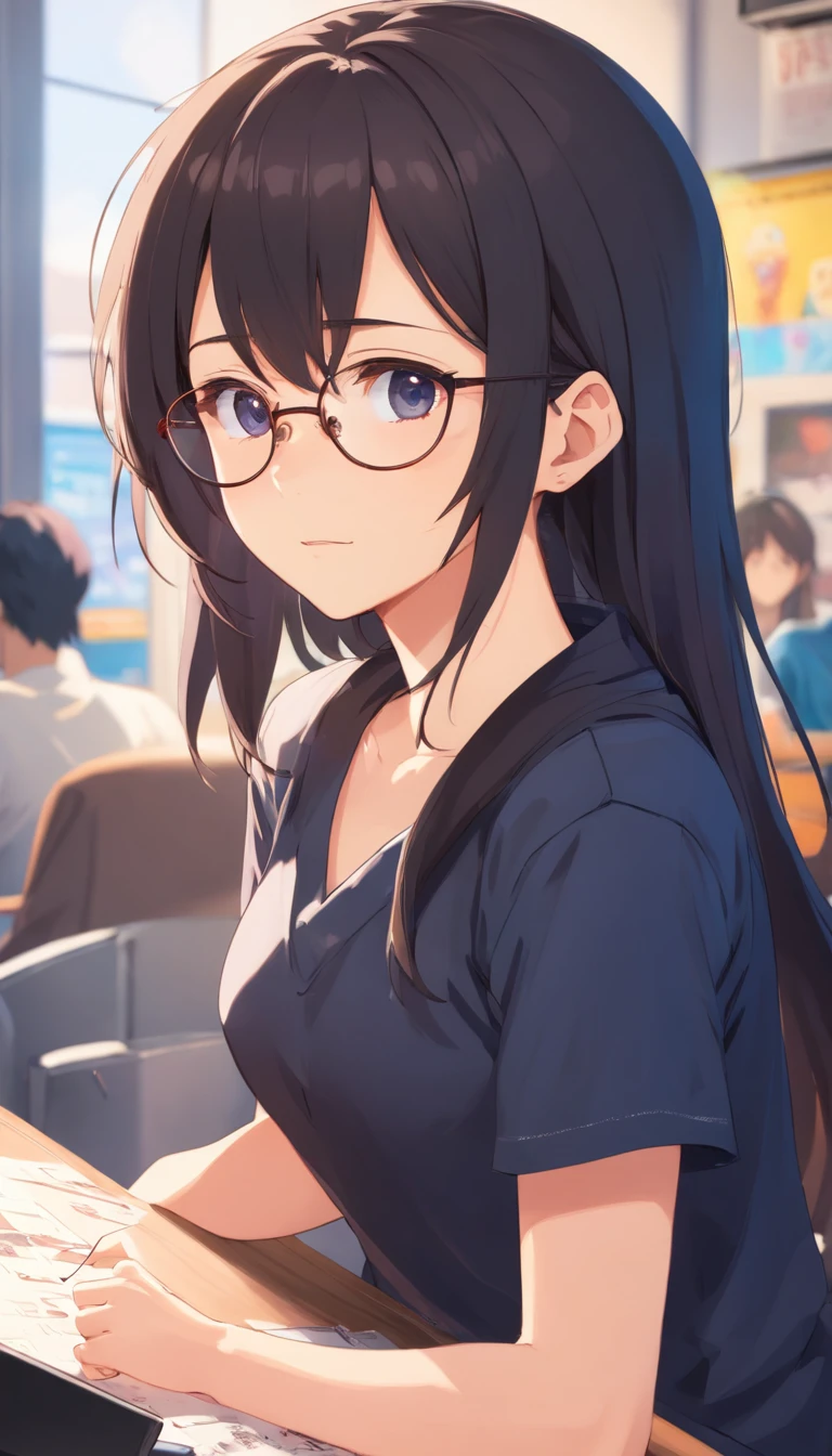 16 yaers old,Libido boy,Shota,Black color hair,black shirt,Square glasses,apathy,long whitr hair,with long bangs,messed up hair,Without background,sketching