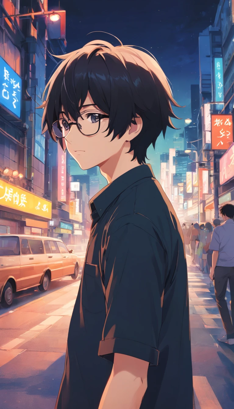 16 yaers old，Libido boy，Shota，Black color hair，black shirt，Square glasses，apathy，long whitr hair，with long bangs，messed up hair，Without background，sketching