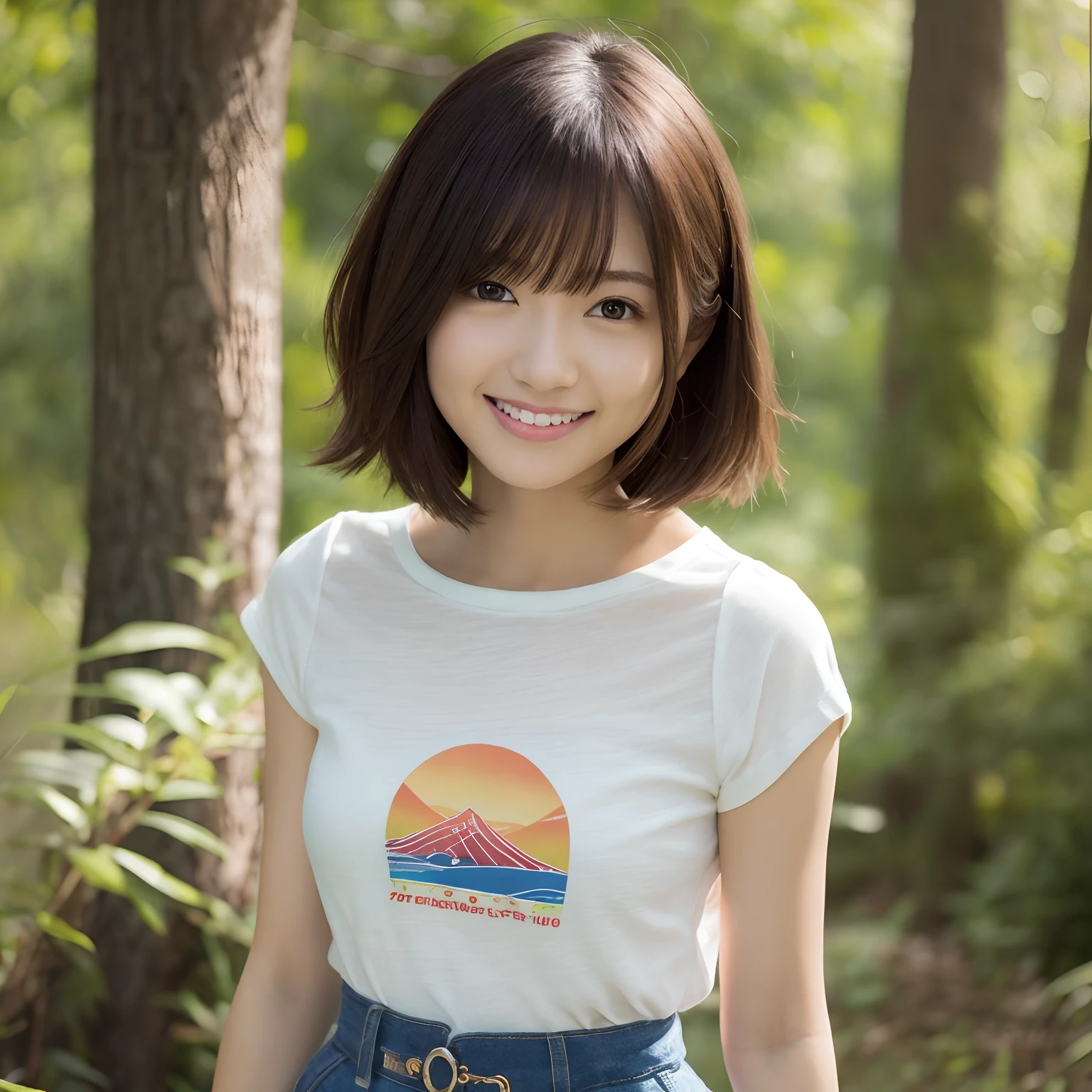 Women in Japan、Wear a thin shirt,In the forest,bare-legged,posing in the。 Happy smile、One lady、An 18-year-old woman
((top-quality、8K、masterpiece:1.3))、foco nítido:1.2、Highly detailed facial and skin texture、 A detailed eye、二重まぶた、tshirts、a miniskirt、Warm colors、Happy smile、Orange sunset、Looking at the camera