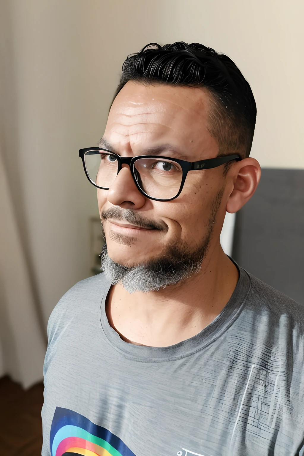 guttoepic2, uma fotografia estilo documento 3x4 de alta qualidade. A imagem mostra um homem com um sorriso sutil, wearing glasses. It is positioned from the chest up, with the body and gaze facing directly on the camera, Creating a visual connection. The highlight of the image is the T-shirt he wears, with horizontal stripes displaying all 7 colors of the rainbow, criando um visual vibrante e colorido. The background of the image is black, proporcionando um contraste impressionante, e, How it is a high quality studio photograph, All appropriate lighting features were used to highlight every detail. The resolution of the image is amazing, em 8K, garantindo uma nitidez excepcional.