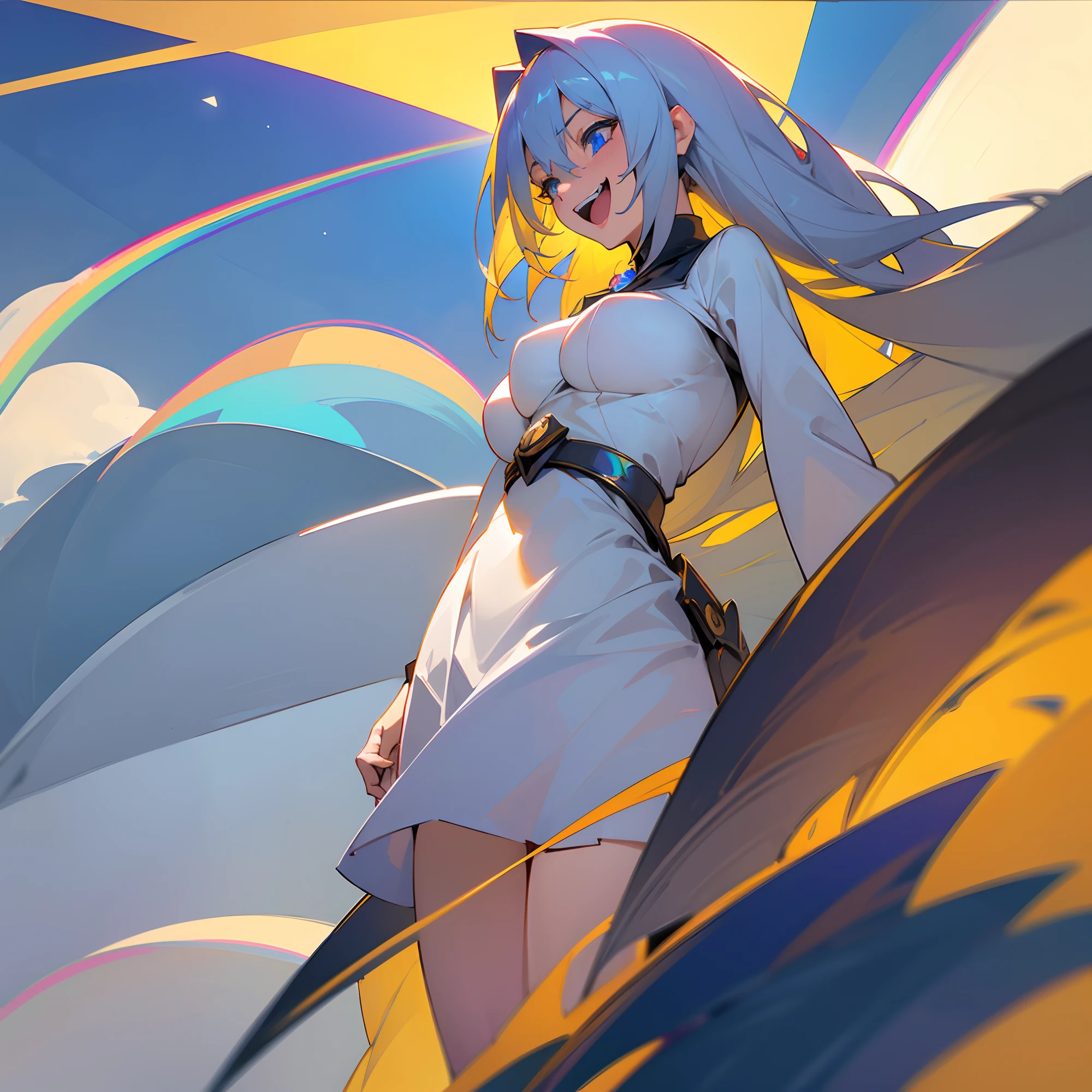 Dark Magician Girl、1 person、(highly detailed back ground:1.0)、(highly detailed back ground:1.0)、masterpiece、top-quality、超A high resolution、in 8K、Full Shot、Directed at an angle、Bending arm、(1/2 yellow and 1/2 silver hair)、break、Detailed skin、glowy skin、(Detailed eyes、Blue eyes)、Burning cheeks、(Laughing:1.4)、Large breasts、break、(White dress:1.6、Detailed clothing)、looking in camera、(Above the sea of clouds:1.4、rainbows)
