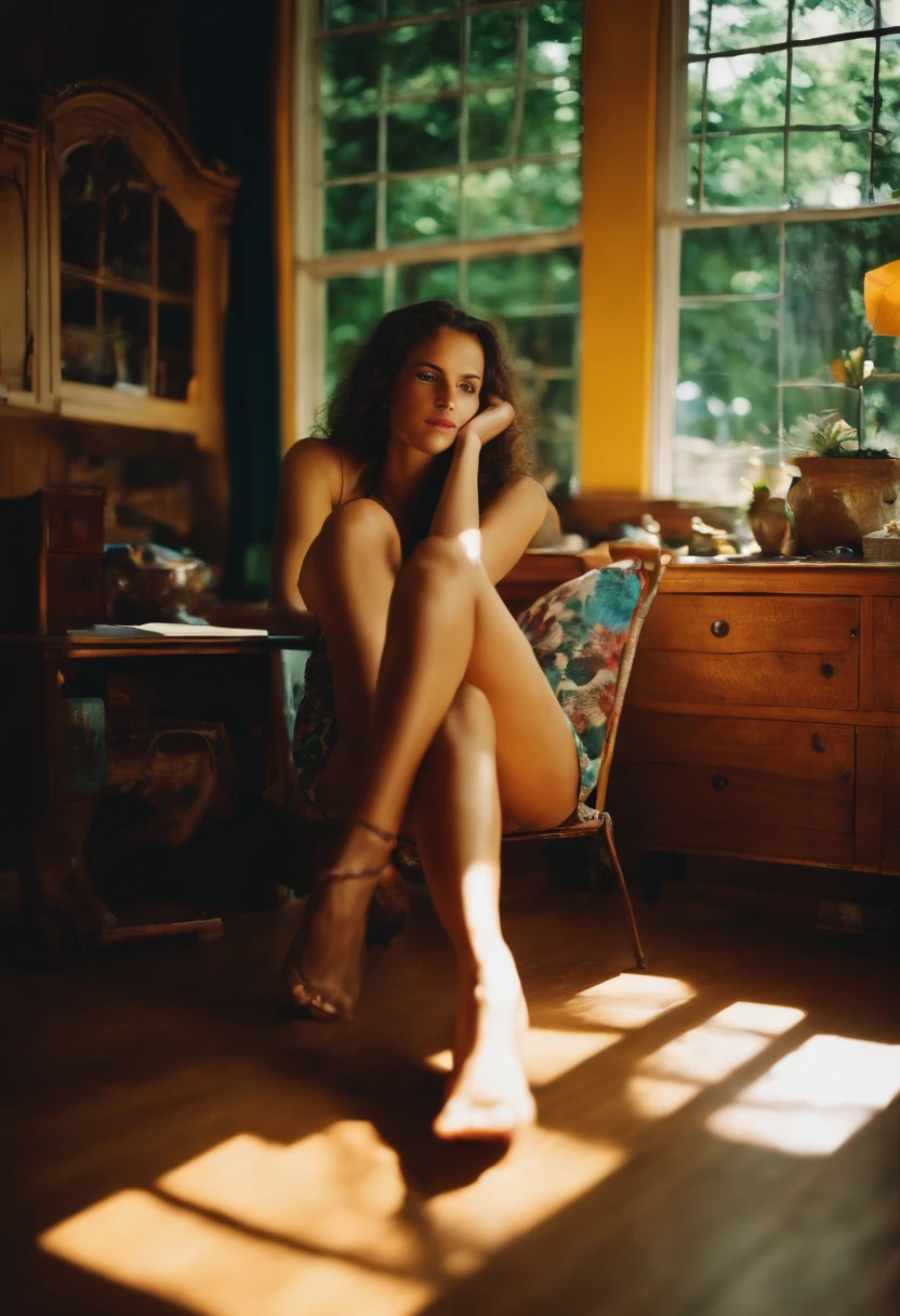 Kodak disposable camera photo of a beautiful woman, sourire suggestif, sitting in a desk legs apart