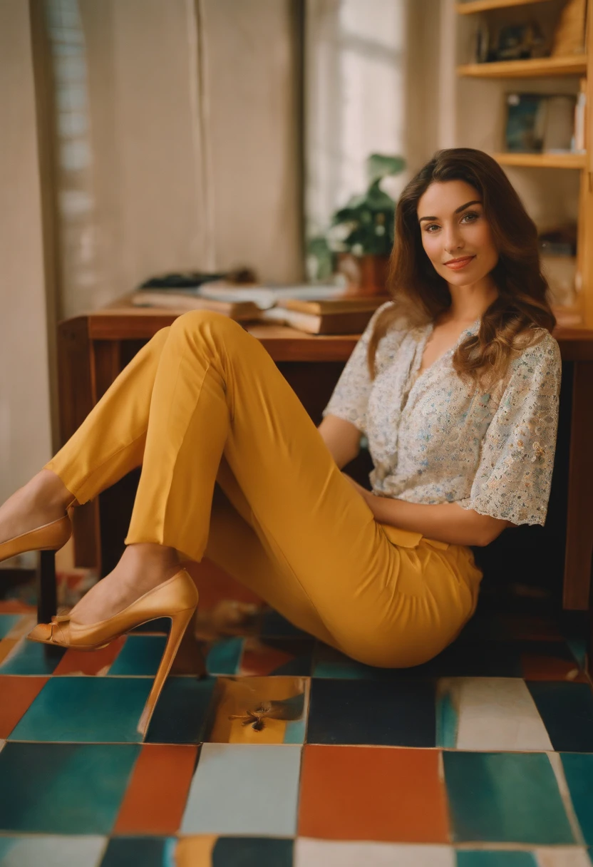 Kodak disposable camera photo of a beautiful woman, sourire suggestif, sitting in a desk legs apart