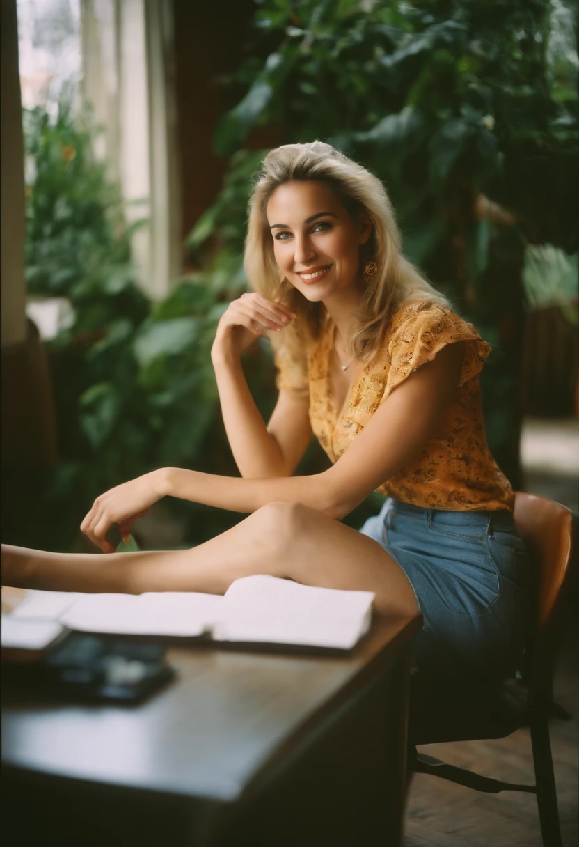 Kodak disposable camera photo of a beautiful woman, sourire suggestif, sitting in a desk legs apart