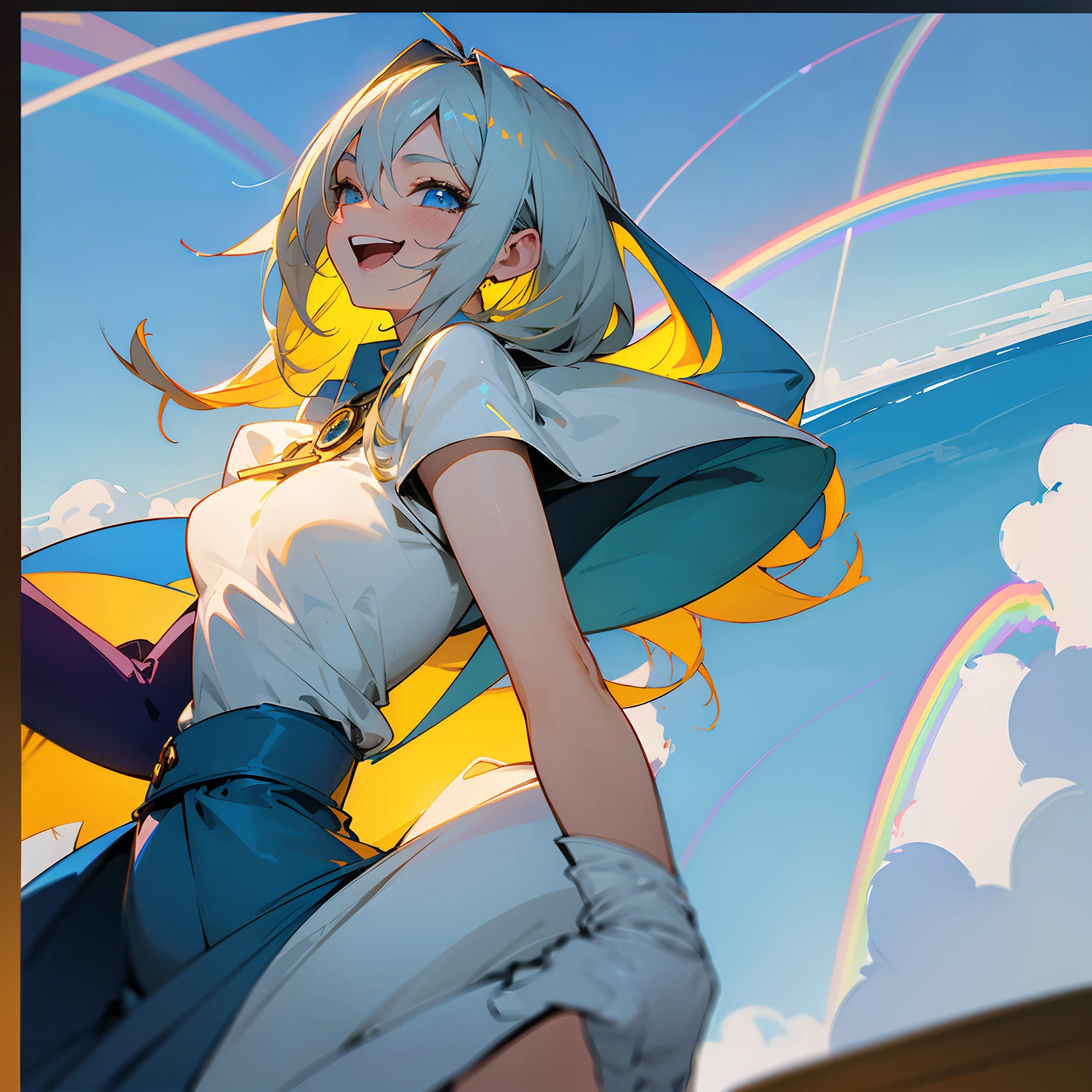 Dark Magician Girl、1 person、(highly detailed back ground:1.0)、(highly detailed back ground:1.0)、masterpiece、top-quality、超A high resolution、in 8K、Full Shot、Directed at an angle、Bending arm、(1/2 yellow and 1/2 silver hair)、break、Detailed skin、glowy skin、(Detailed eyes、Blue eyes)、Burning cheeks、(Laughing:1.4)、Large breasts、break、(White dress:1.6、Detailed clothing)、looking in camera、(Above the sea of clouds:1.4、rainbows)