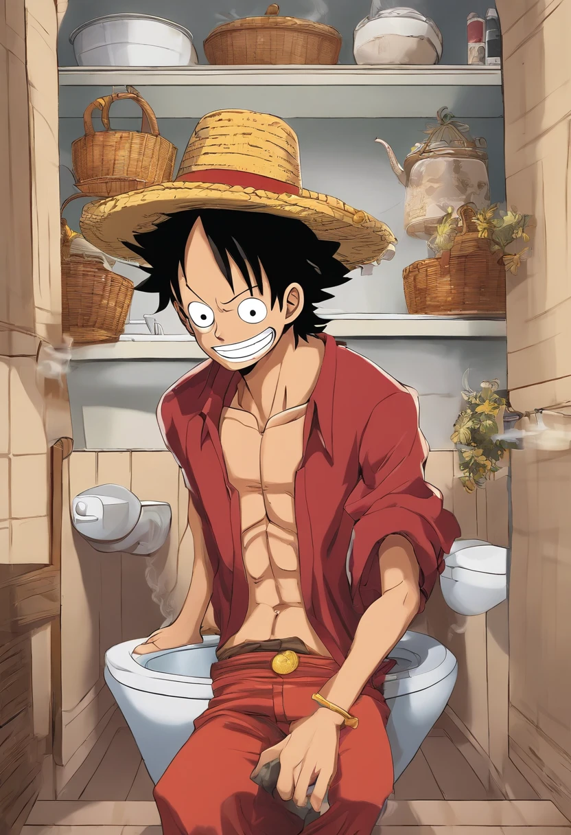 There's a man with a hat and a big nose sitting in a toilet inspired by Eiichiro Oda, from one piece, Estilo Eiichiro Oda, Luffy (one piece, Estilo de Eiichiro Oda, 🌻🎹🎼, Nicholas Cage como Macaco D Luffy, oda non, Estilo One Piece, em um anime, Directed by: Eiichiro Oda, estilo anime", Luffy