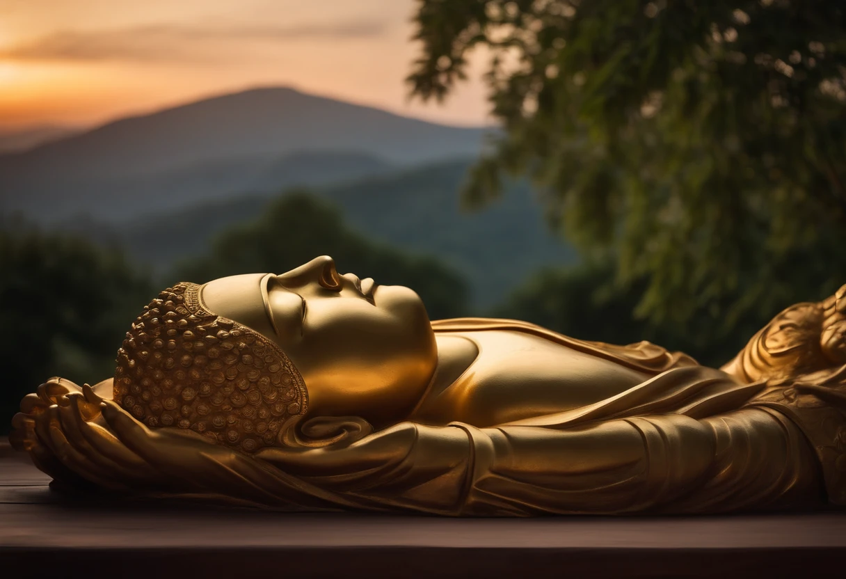 (best quality,4k,8k,highres,masterpiece:1.2),ultra-detailed,(realistic,photorealistic,photo-realistic:1.37),big sleeping buddha statue,peaceful,tranquil atmosphere,serene,serenity,calmness,serene face,meditation pose,dreamy,ivory color,gold accents,under the moonlight,ancient relic,carved with intricate details,glowing soft light,gentle shadows,subtle tranquil expressions,sacred,cultural heritage,dusk,ethereal,harmony,monumental,sleeping in a peaceful garden,blessings,serene surrounding,overlooking the mountains,faith,contemplation,stillness,hallowed presence