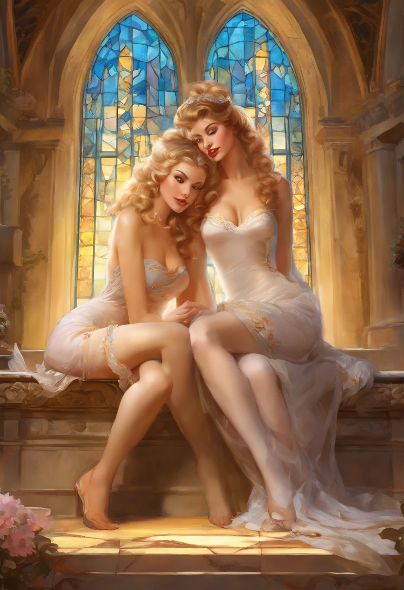 (two nude beautiful pin up models in a church, lying in the ground:1.1), Norman Rockwell, Gil Elvgren, Milo Manara style, RAW photograph, best quality, masterpiece, an extremely delicate and beautiful, extremely detailed, CG, unity, 8k wallpaper, Amazing detailed, finely detailed, masterpiece, best quality, official art, extremely detailed CG unity 8k wallpaper, ultra-detailed, highres, extremely detailed, clear, focused, (best quality), (realistic, photo-realistic:1.6), 8k, soft lighting, perfect fingers, long hair