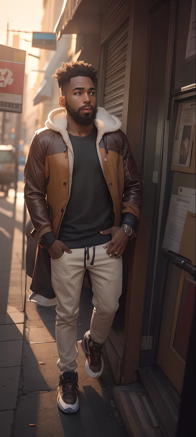 young guy with small beard with stand on street, wear hoody, headphone, tattoo on his neck, hyper realistic, Brown eyes, brown skin tone, 8k