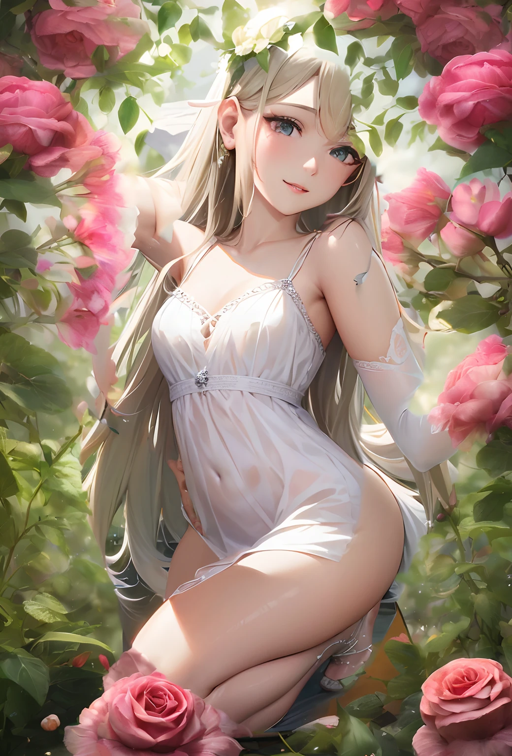 Wearing silky white dress