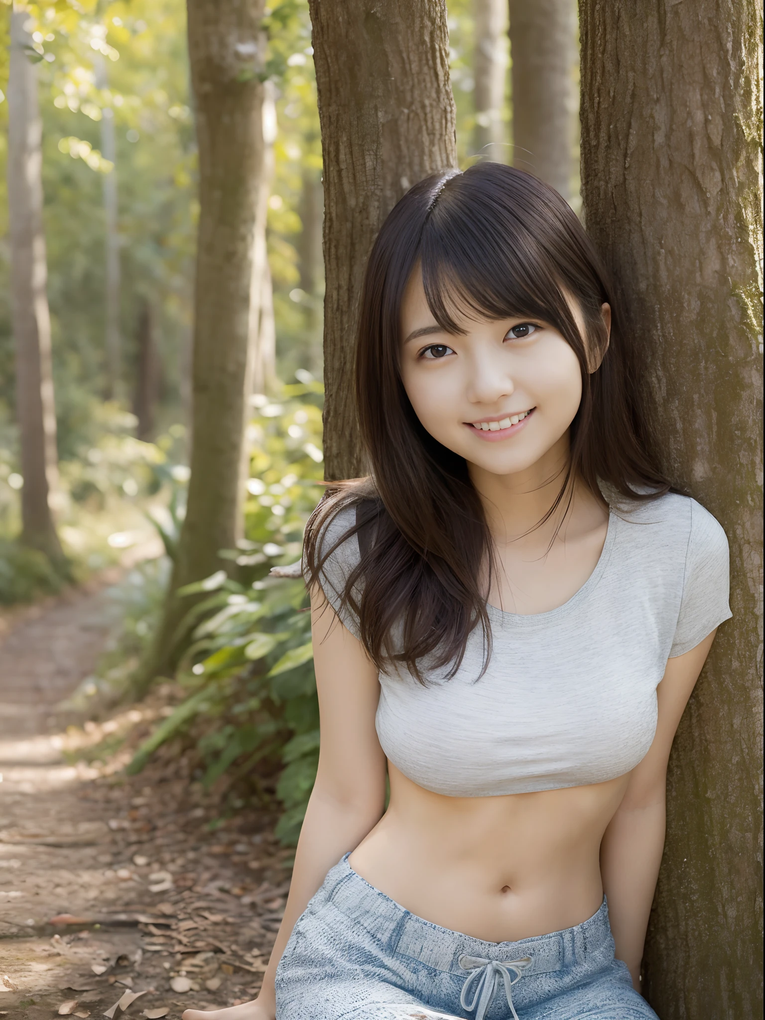 Women in Japan、Wear a thin shirt，In the forest，bare-legged，posing in the。 Happy smile、One lady、An 18-year-old woman
((top-quality、8K、​masterpiece:1.3))、foco nítido:1.2、Highly detailed facial and skin texture、  A detailed eye、二重まぶた、tshirts、a miniskirt、Warm colors、Happy smile、Orange sunset、Looking at the camera