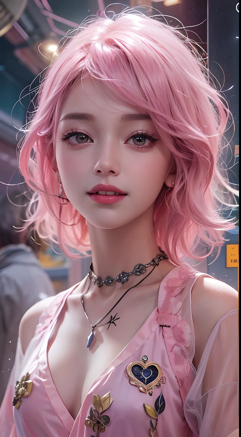 1girll,（Captivating quality：1.4），（True textured skins of the highest quality), Delicate face,Pink twin-tailed hair, Gradient Hair, （perfect bodies：1.1），Heart-shaped choker、long eyelasher,grin, hyperphotorealism, Cinematic lighting, projected inset, surrealism, hyper HD, masutepiece，Dream On，Please wear clear silk pajamas,Carmelto，tattooed，Fantasy space，Luxurious space