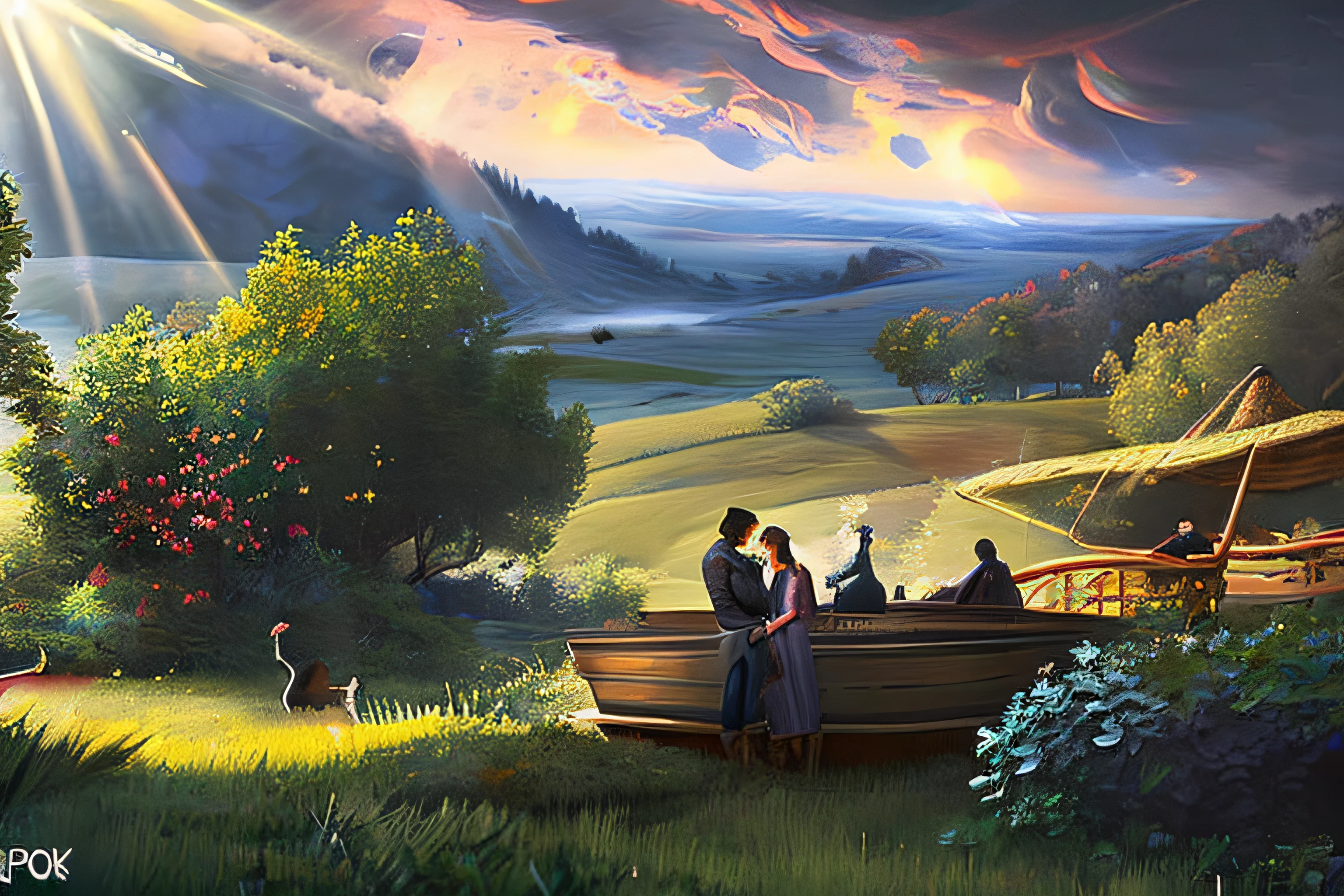 scene of a clouds, 3 people, bustling space, great big storm, sunlight, glow, afternoon, scenery concept art, overgrowth. by Renoir , relaxing concept art, traditional classic concept art, a beautiful artwork illustration. high detail, background art, detailed concept art, environment design illustration, concept art highly detailed