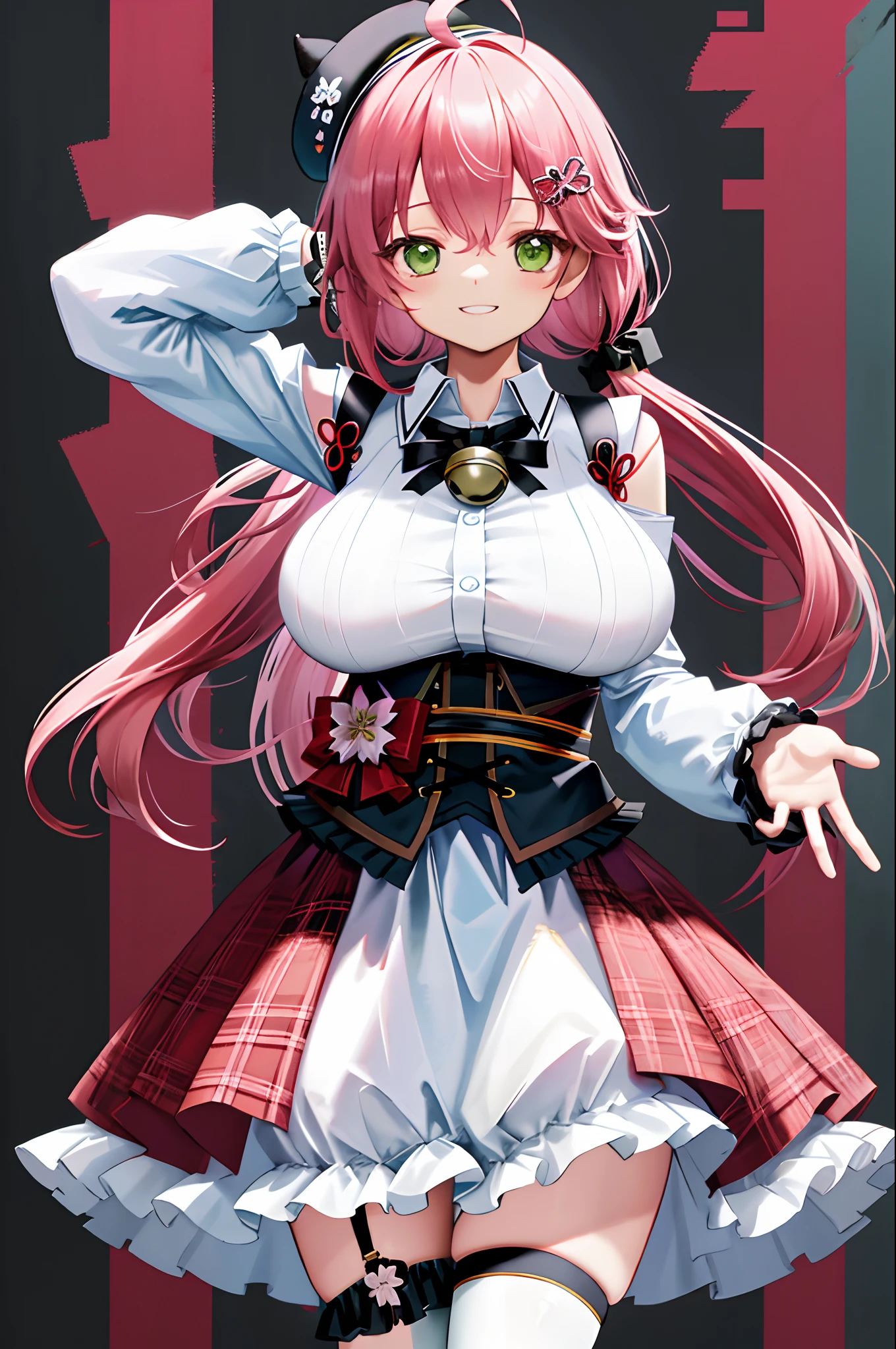 masutepiece, Best_Quality, hight_resolution, miko2,Ponytail, 1girl, Green eyes, Ahoge, black headwear, Hair Ornament, White shirt, black thighhighs, Pink hair, Red_skirt, very_short_skirt, plaid skirts, garter_strap, Collared shirt, hair clips, frilld, Bangs, hair between eye, frills skirt, beret, Pleated skirt, Hair Flower, Neck bell, , puffy long sleeves, Black bow, Underbust, Cowboy Shot,Smile, (gigantic_breasts:1.3),covered_nipples, covered_pussy,closed_eyes, happy, childlike_posing,spread_legs,(smile:1.2),plump