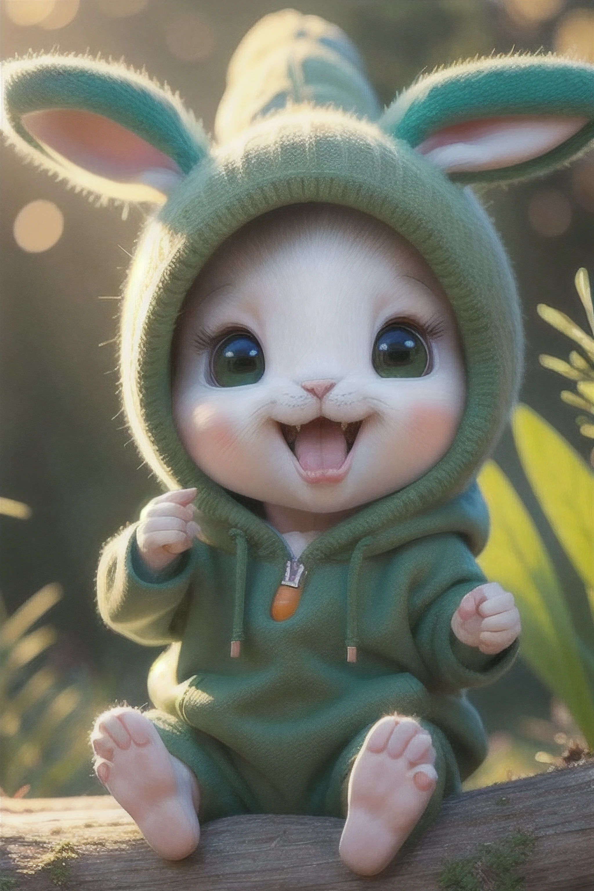 little cute milo bunny wearing a green hoodie mouth open about to bite a carrot, cartoon character, bright lighting, vivid colors, in the forest, disney and pixar style, tilted head showing curiosity,