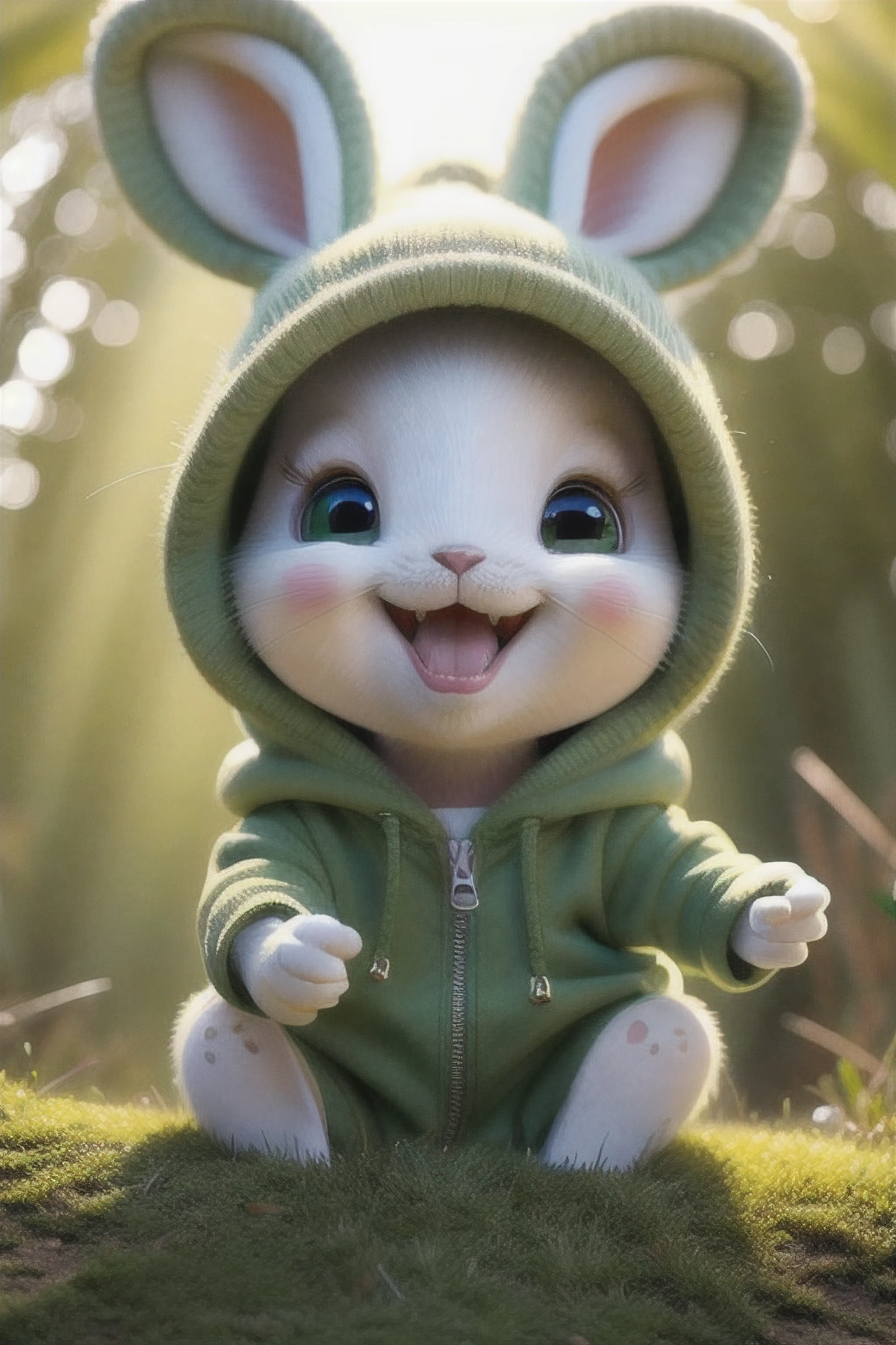little cute milo bunny wearing a green hoodie mouth open about to bite a carrot, cartoon character, bright lighting, vivid colors, in the forest, disney and pixar style, tilted head showing curiosity,