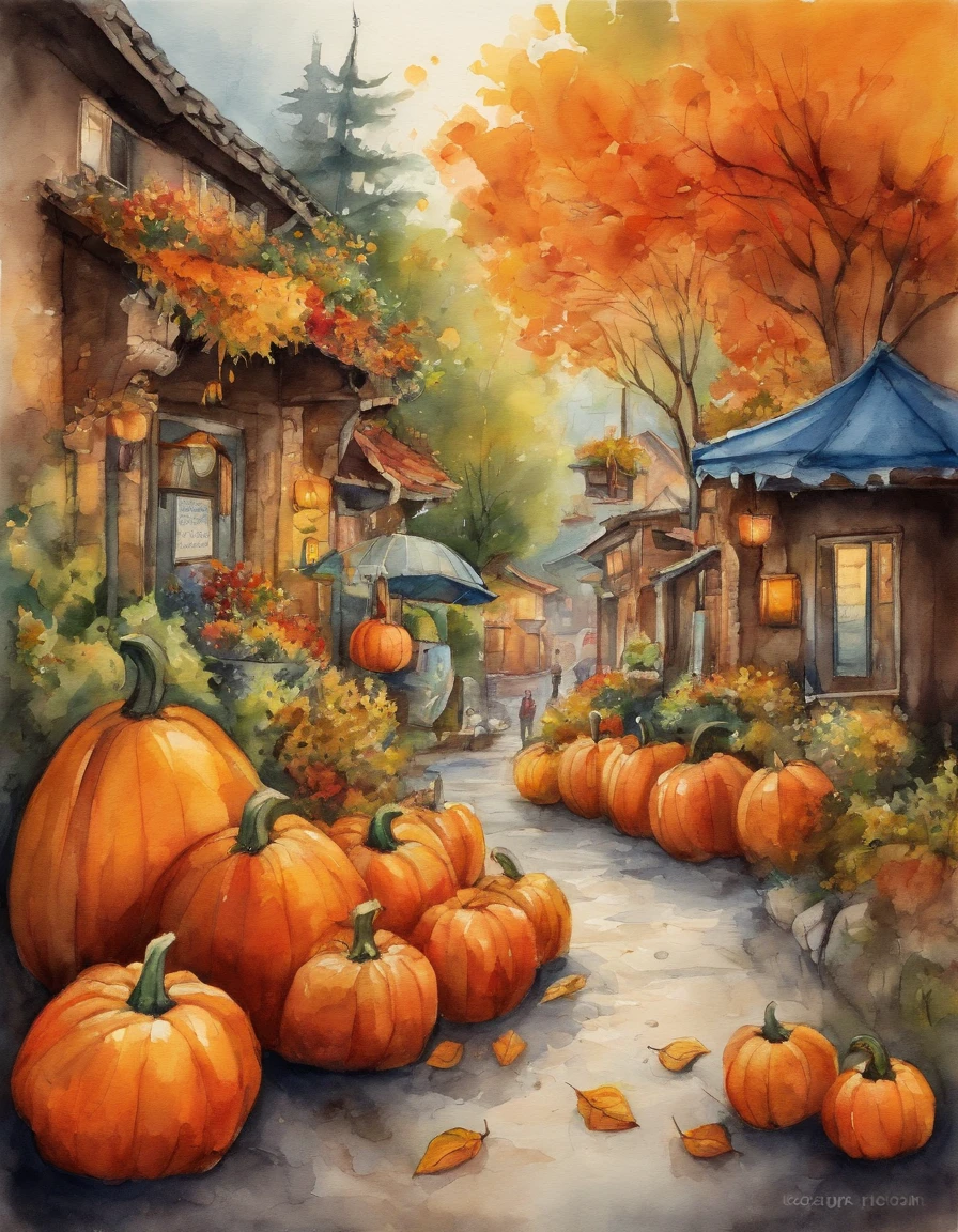 Illustration of a city with many colorful foliage, Korea, Seoul, In the style of a vivid cartoonist, fall, pumpkins, Jack O's lantern, Pumpkin spice, New York School, Robert Monsch, Concept street art, Movie stills 50d, naturalistic depiction of flora and fauna, Playful cartoons