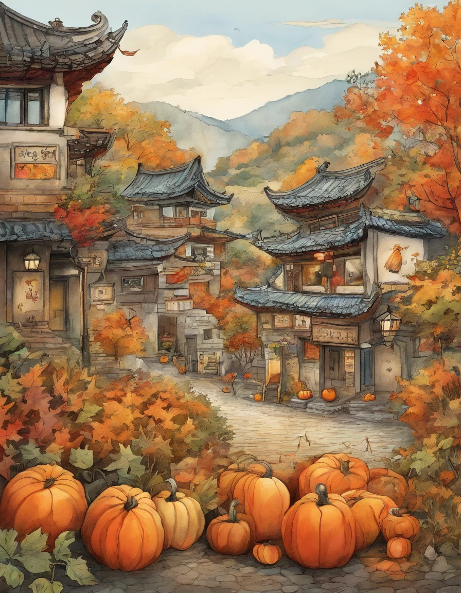 Illustration of a city with many colorful foliage, Korea, Seoul, In the style of a vivid cartoonist, fall, pumpkins, Jack O's lantern, Pumpkin spice, New York School, Robert Monsch, Concept street art, Movie stills 50d, naturalistic depiction of flora and fauna, Playful cartoons