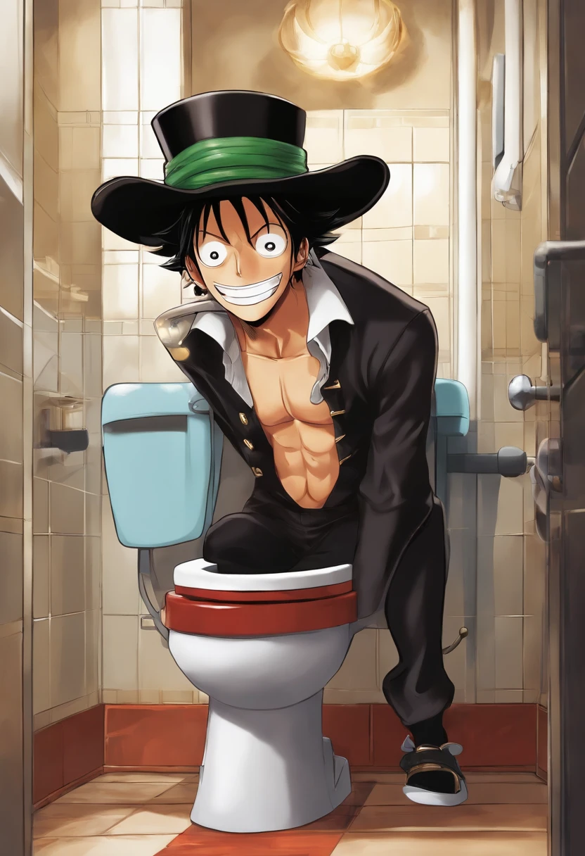 There's a realist man named ussop with a hat and a big nose sitting in an Eiichiro Oda-inspired toilet, from one piece